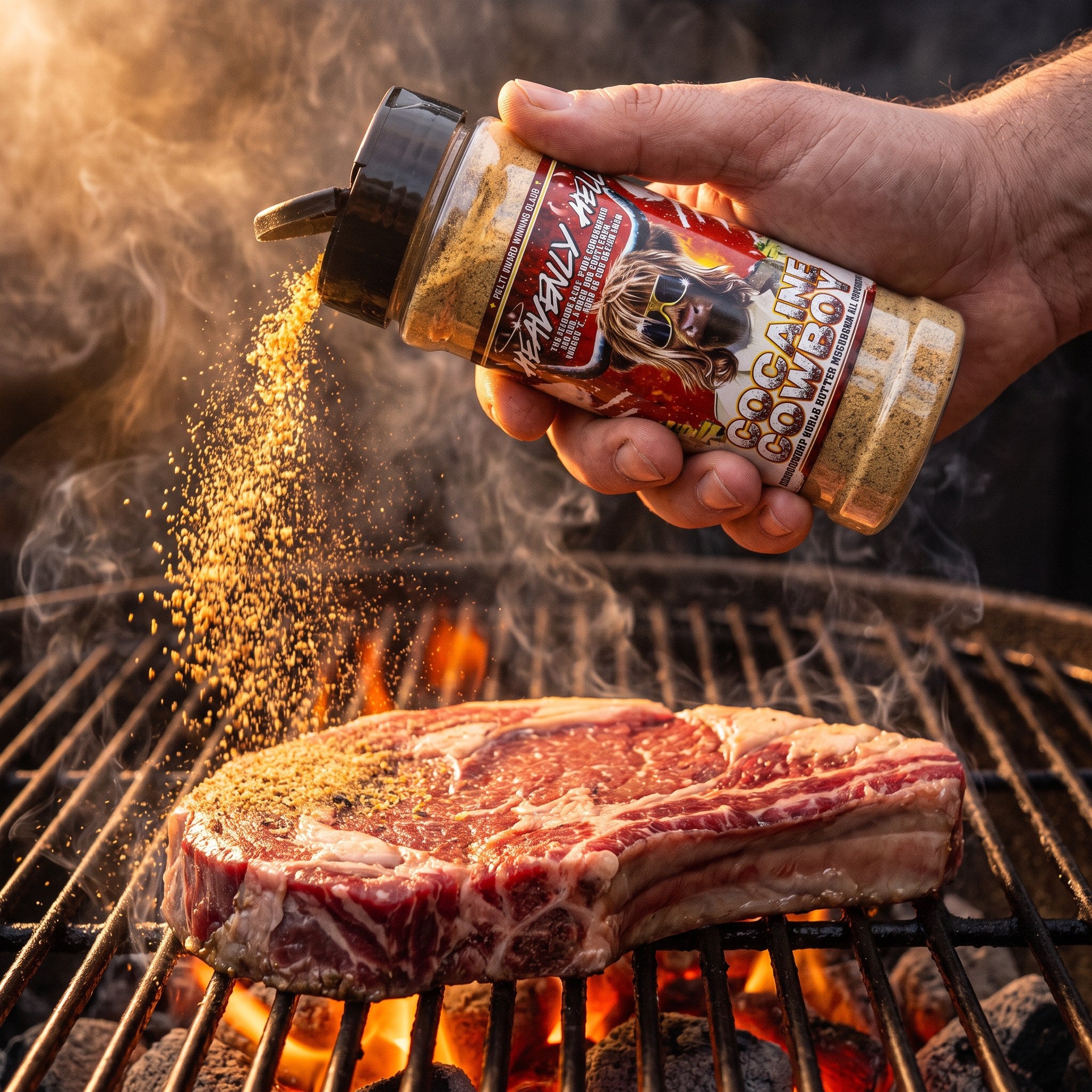 Cocaine Cowboy rub being shaken onto a steak on the grill