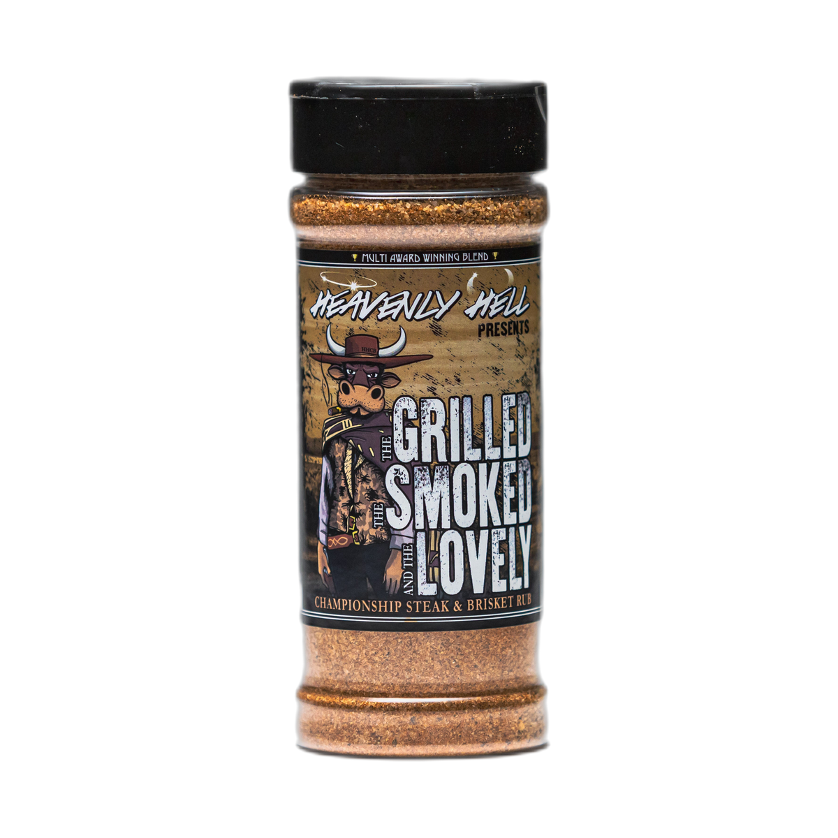 Heavenly Hell The Grilled The Smoked and The Lovely steak & brisket rub 150g — front of the shaker on transparent background