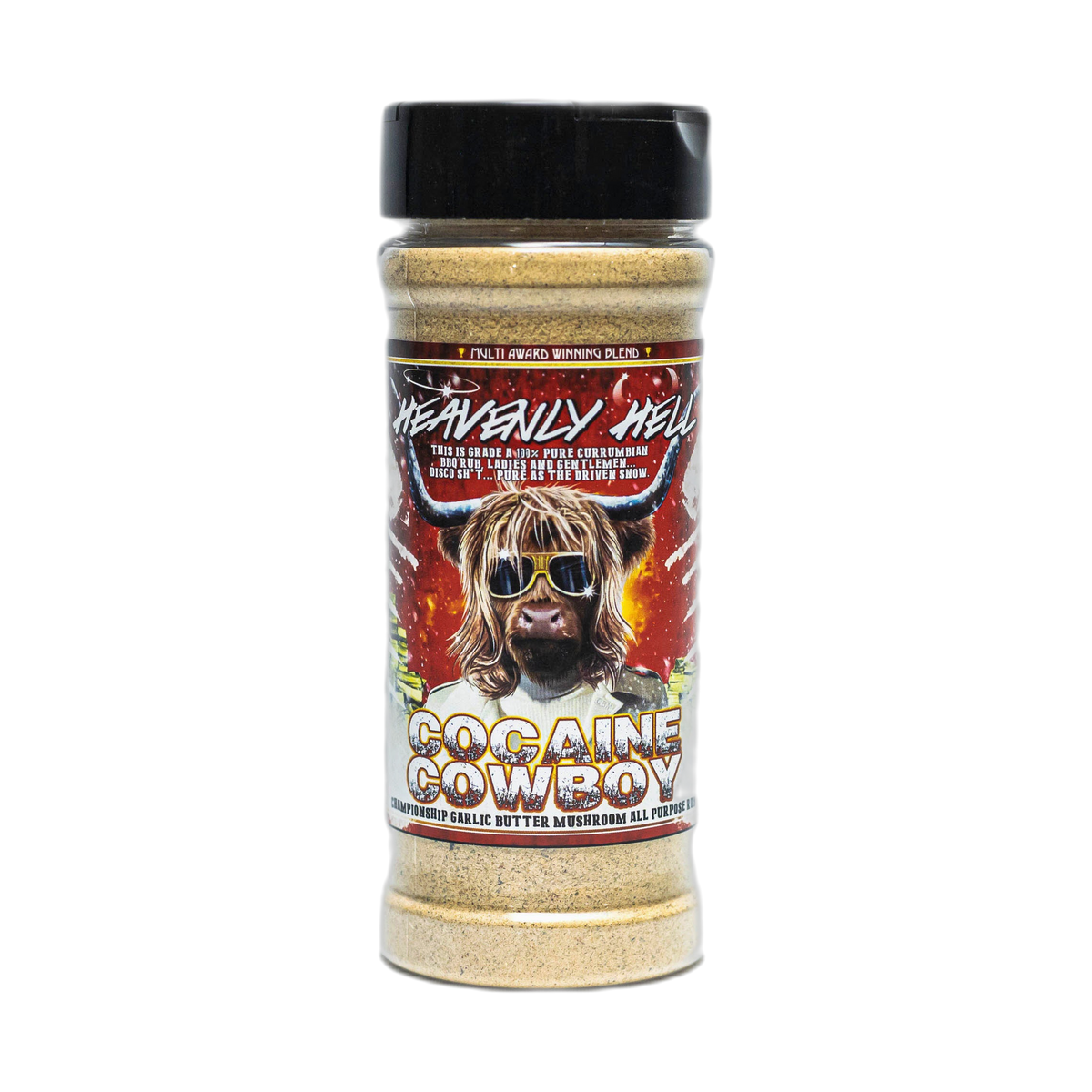 Heavenly Hell Cocaine Cowboy garlic butter mushroom all-purpose rub 150g — front of the shaker on transparent background