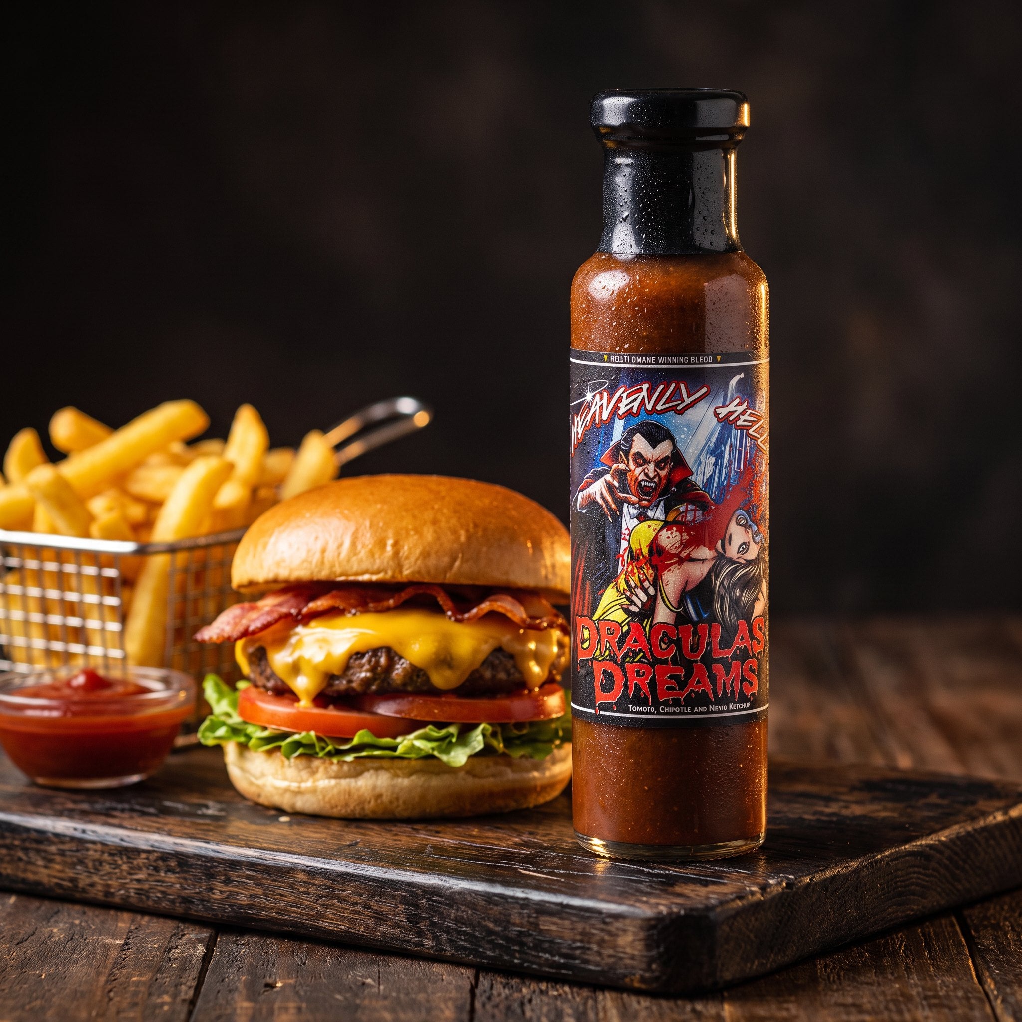 Draculas Dreams smoky chipotle ketchup styled with a cheeseburger and chips