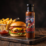Draculas Dreams smoky chipotle ketchup styled with a cheeseburger and chips