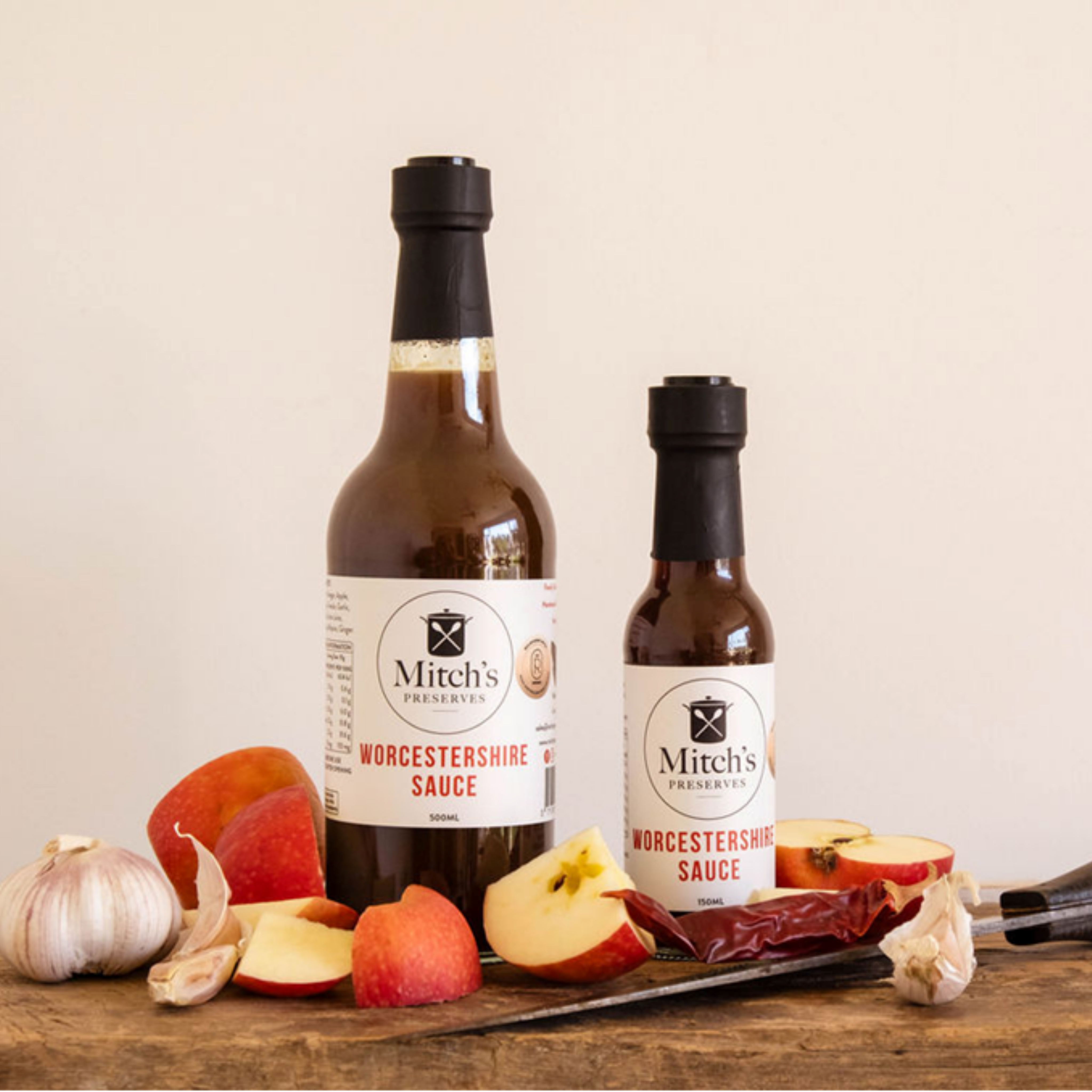 Mitch's Preserves Worcestershire Sauce 150ml and 500ml lifestyle shot
