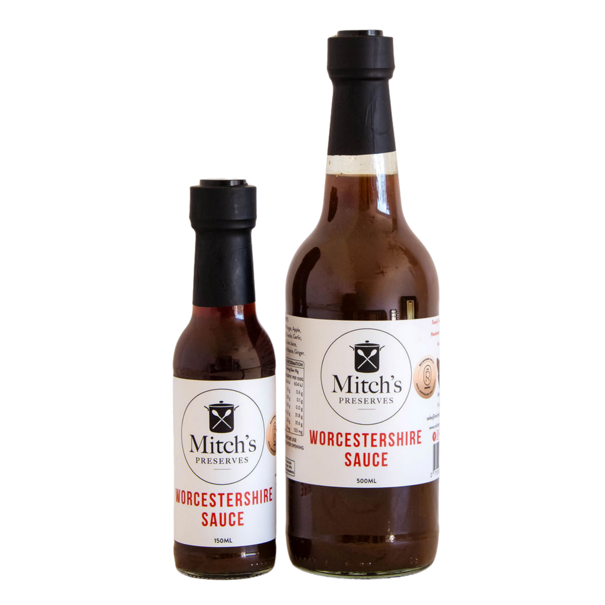 Mitch's Preserves Worcestershire Sauce 150ml and 500ml bottles, award-winning old fashioned black sauce made in Warrnambool