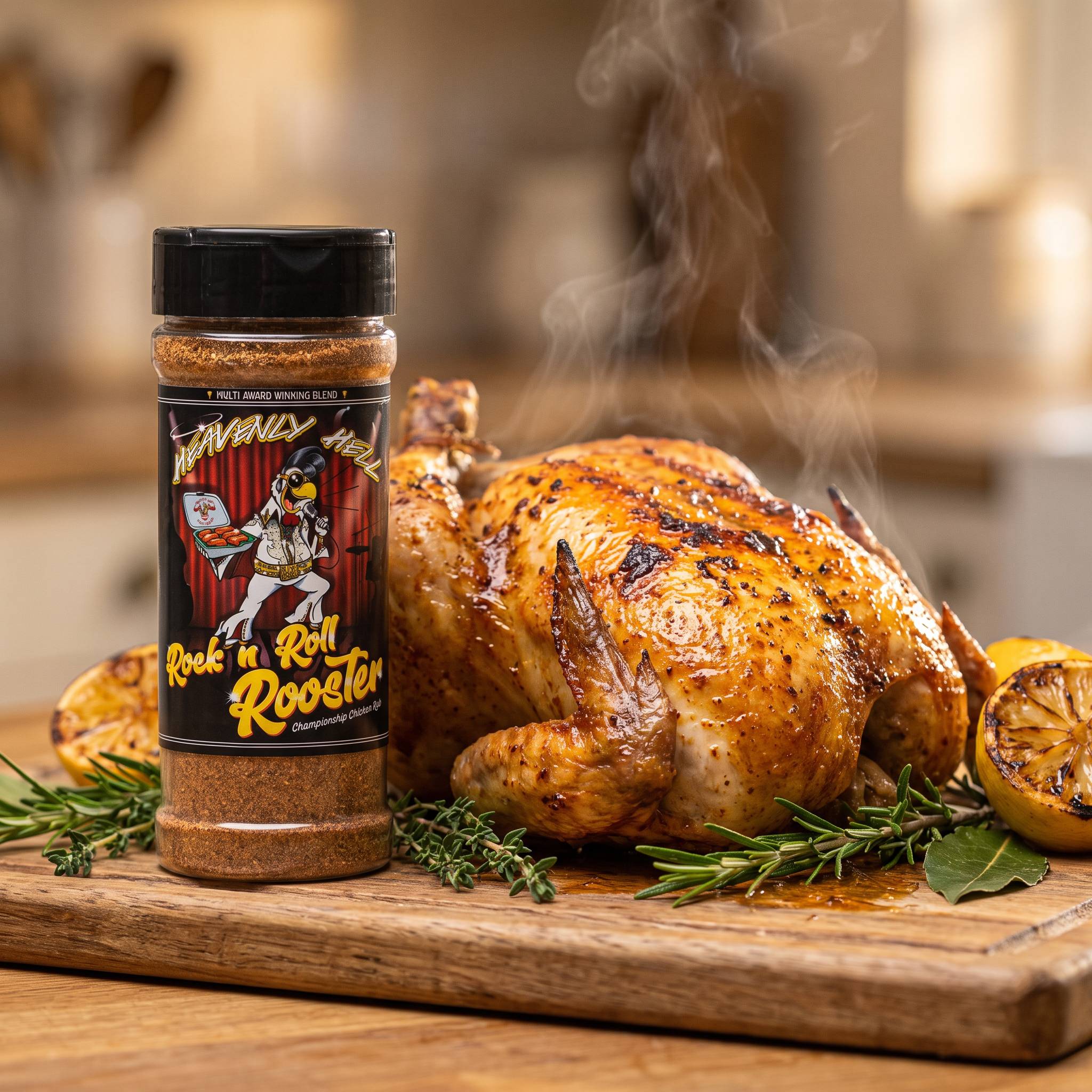 Heavenly Hell Rock n Roll Rooster championship chicken rub 150g — shaker beside a golden roast chicken with crisp skin on a board