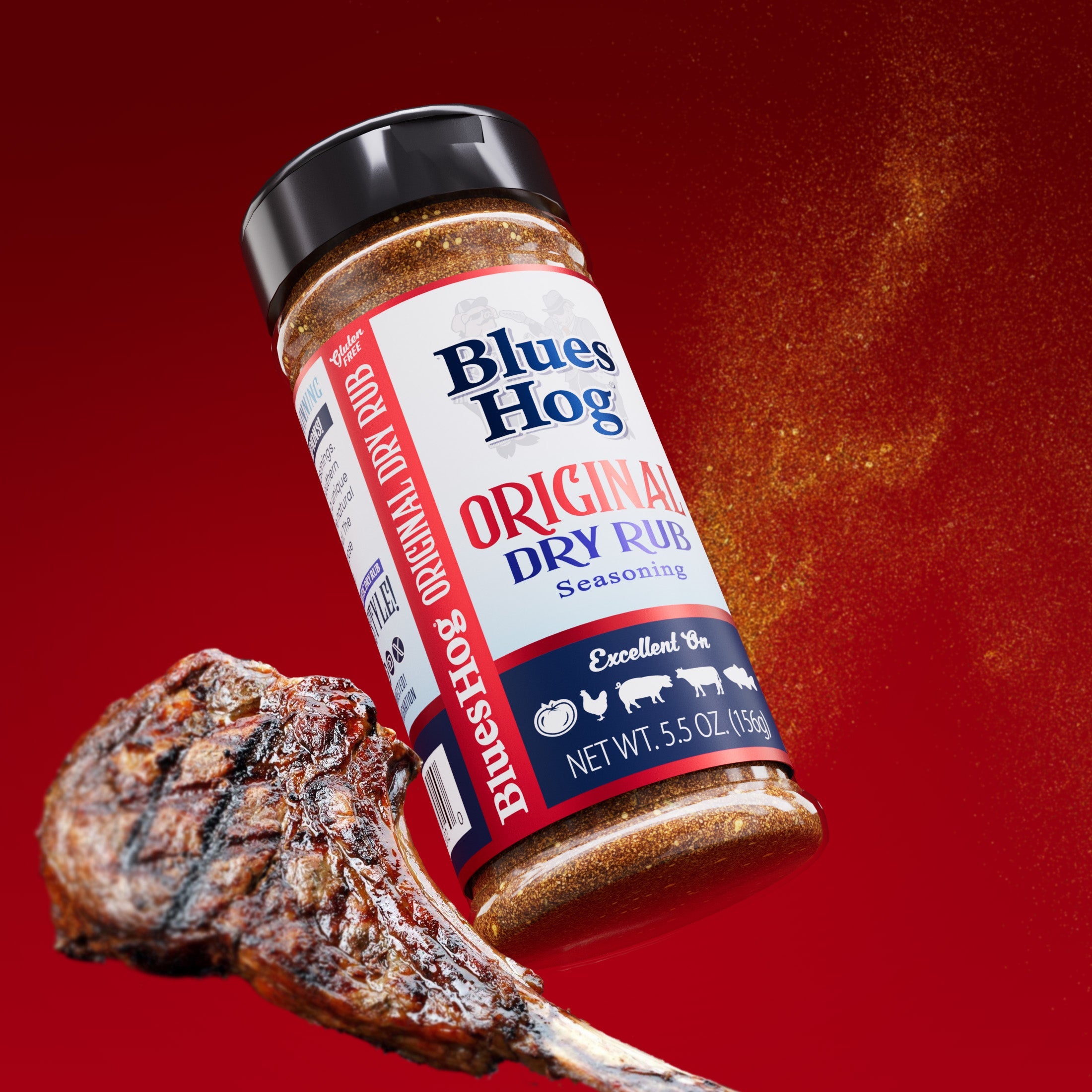 Blues Hog Original Dry Rub Seasoning — seasoned barbecue on a board