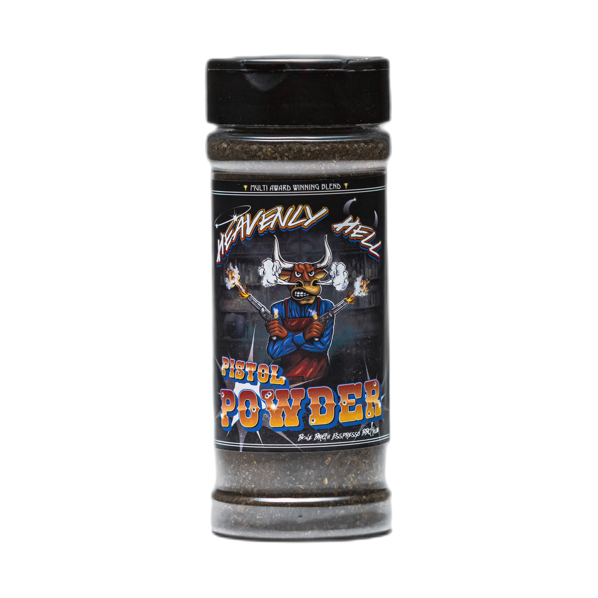 Heavenly Hell Pistol Powder espresso beef rub 150g — front of the shaker on transparent background