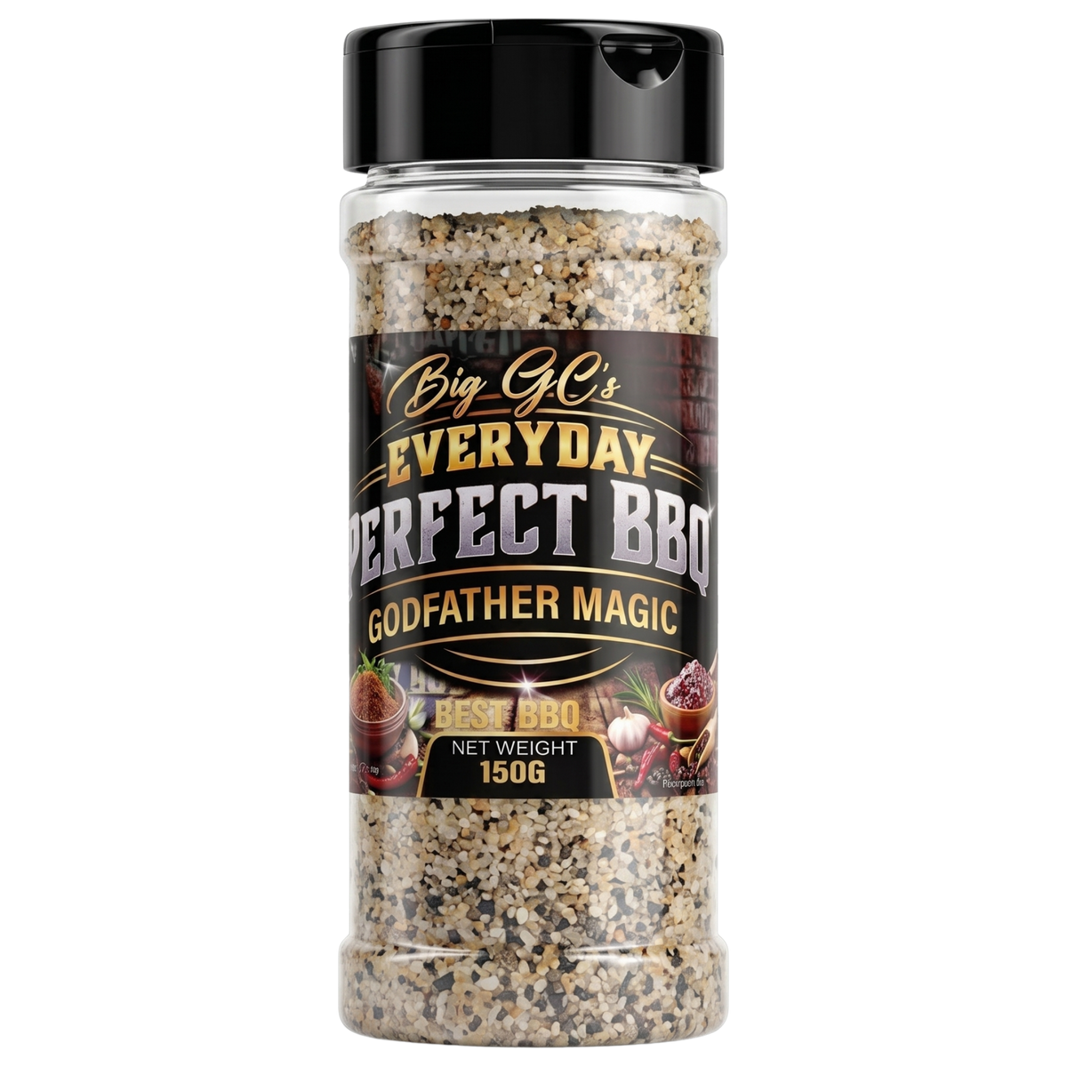 Big GC's Godfather Magic all-purpose rub 150g — front of the shaker on transparent background