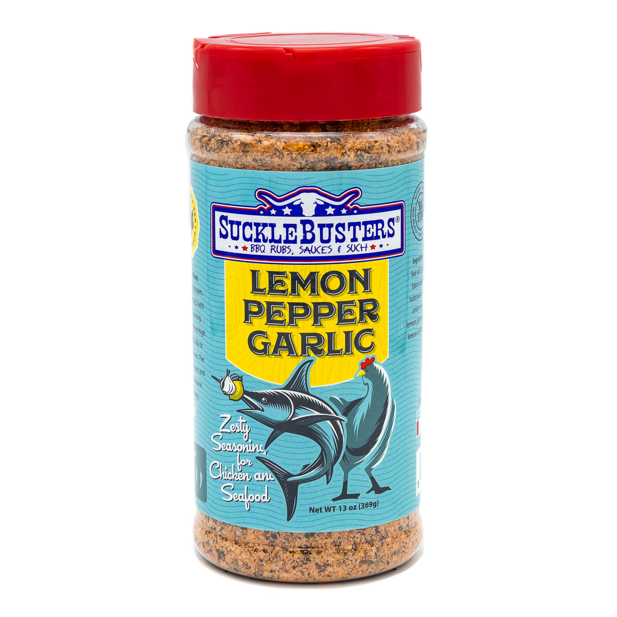 SuckleBusters Lemon Pepper Garlic Rub 411g, Texas all-purpose BBQ seasoning — front of pack