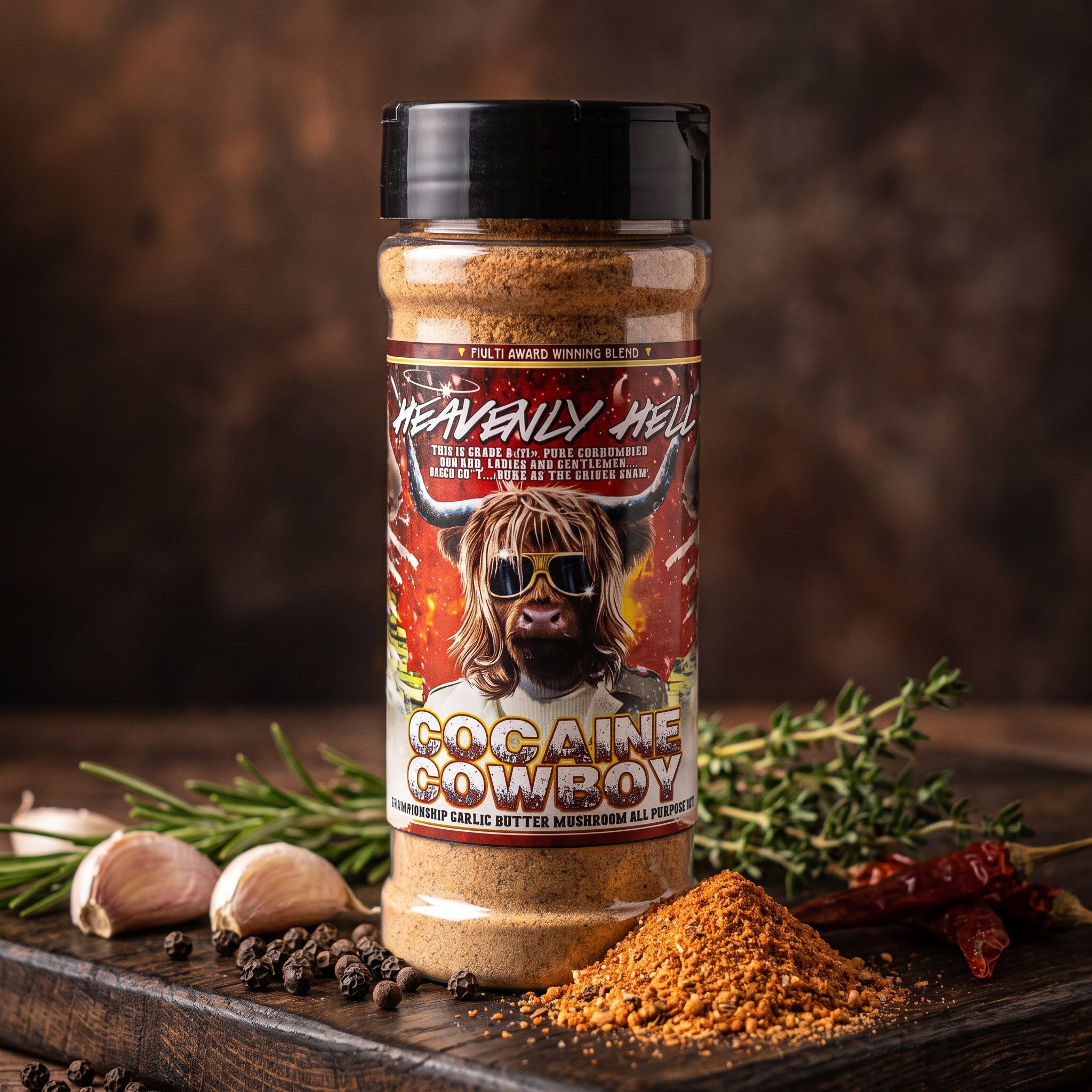 Cocaine Cowboy All Purpose Rub styled on a rustic board with spices