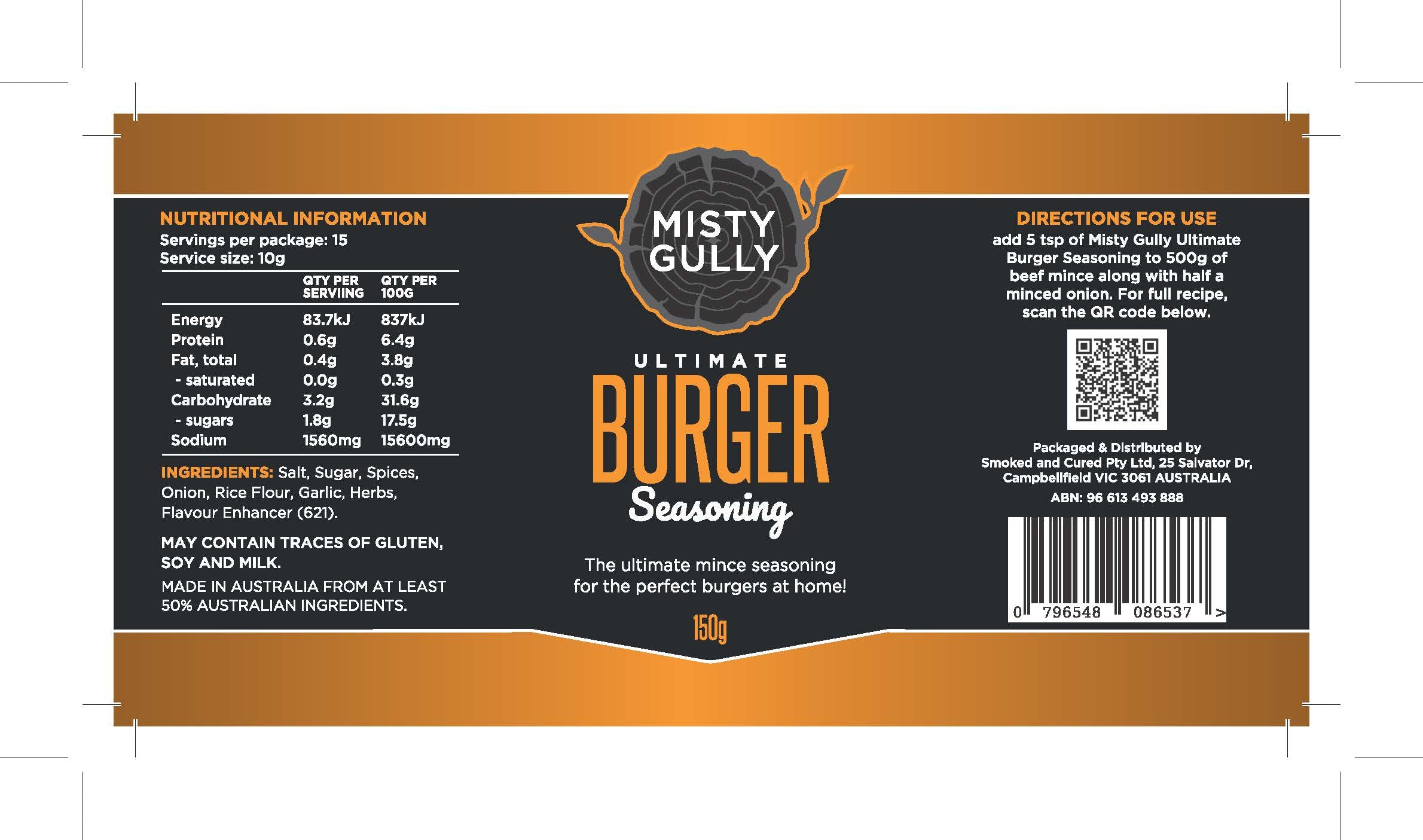 Misty Gully Burger Seasoning label