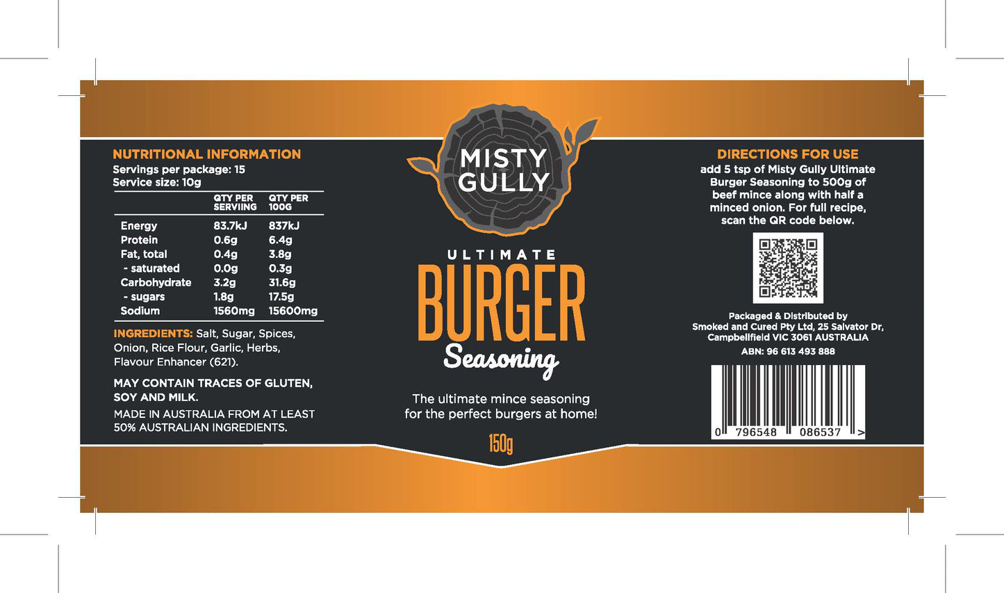 Misty Gully Burger Seasoning label