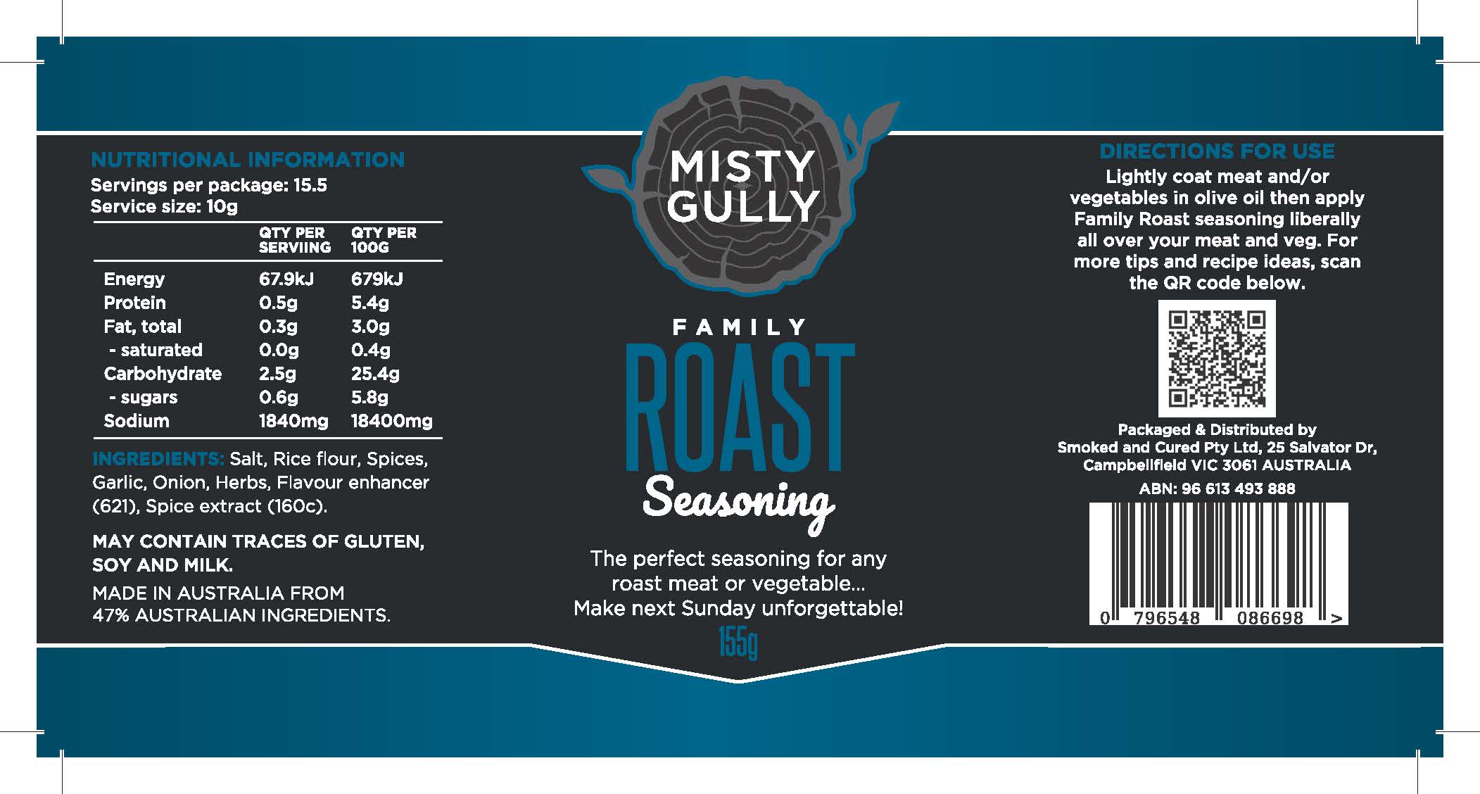 Misty Gully Family Roast Seasoning label