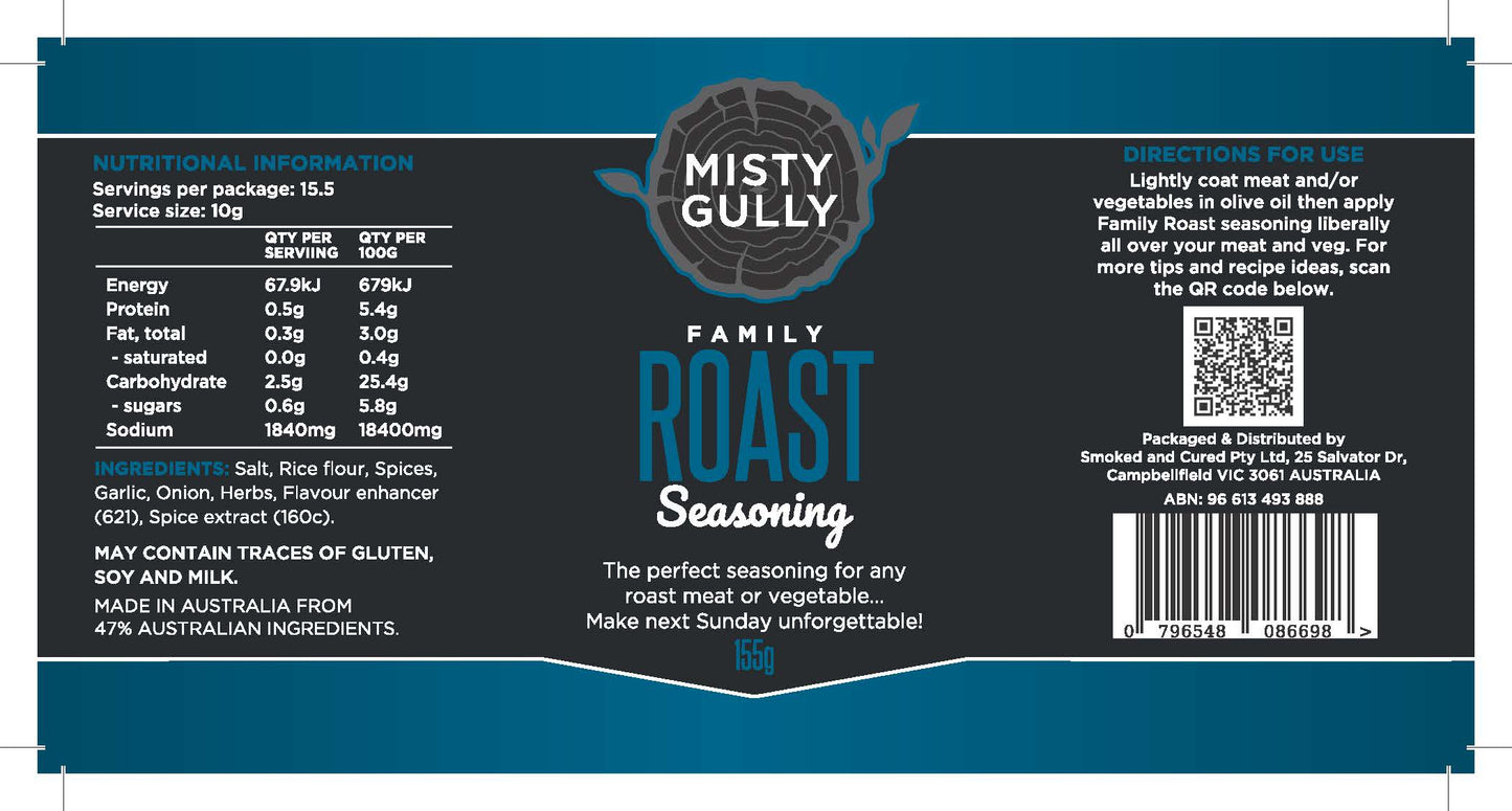 Misty Gully Family Roast Seasoning label