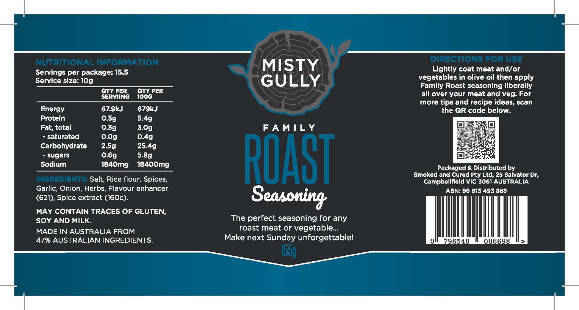 Misty Gully Family Roast Seasoning label