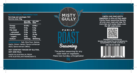 Misty Gully Family Roast Seasoning label