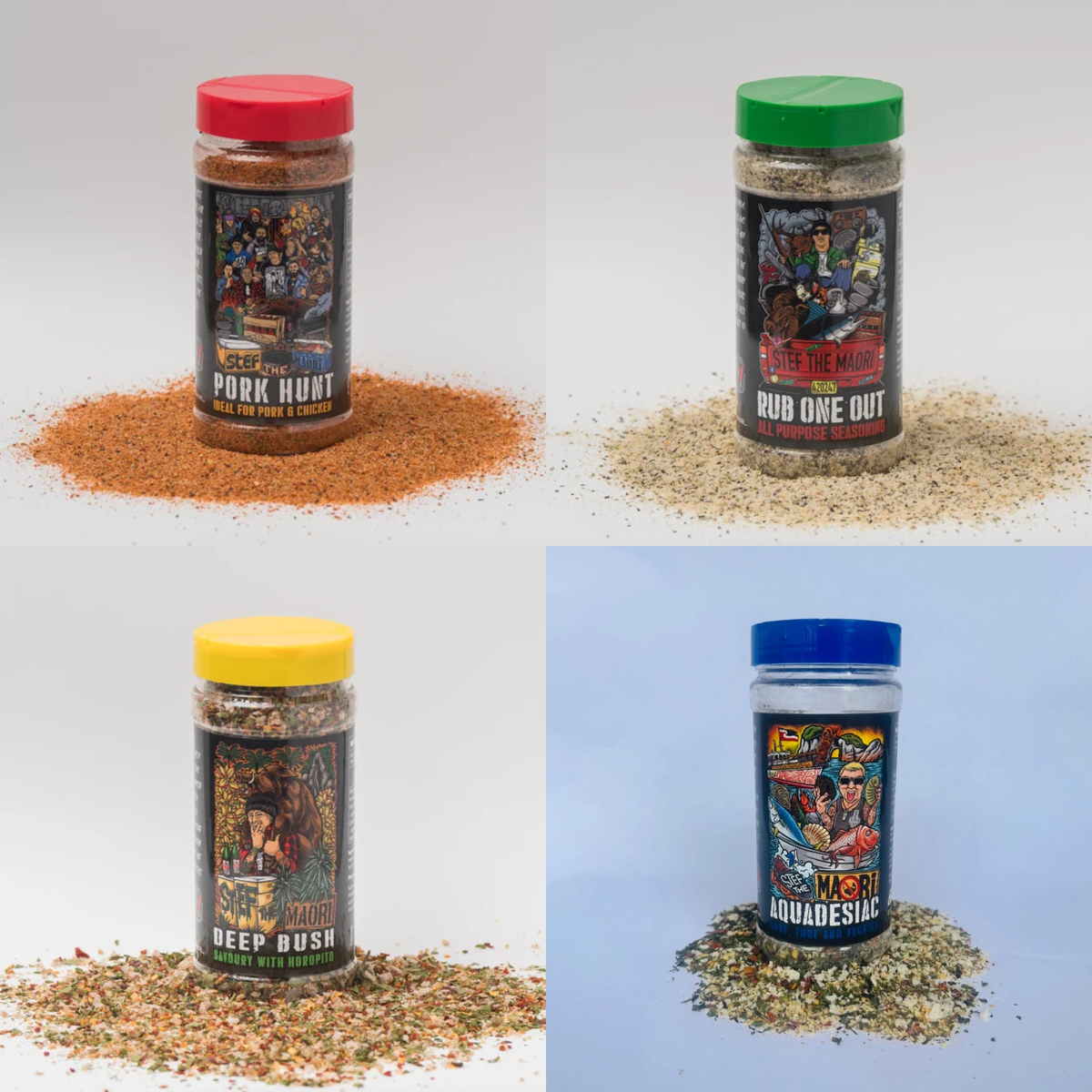 Stef the Maori Ultimate Rub Collection bundle, all four seasoning shakers together