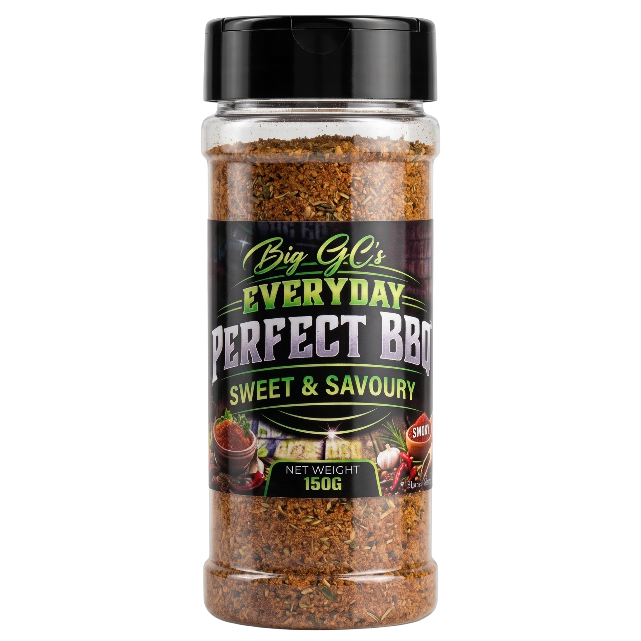 Big GC's Sweet & Savoury all-purpose rub 150g — front of the shaker on transparent background