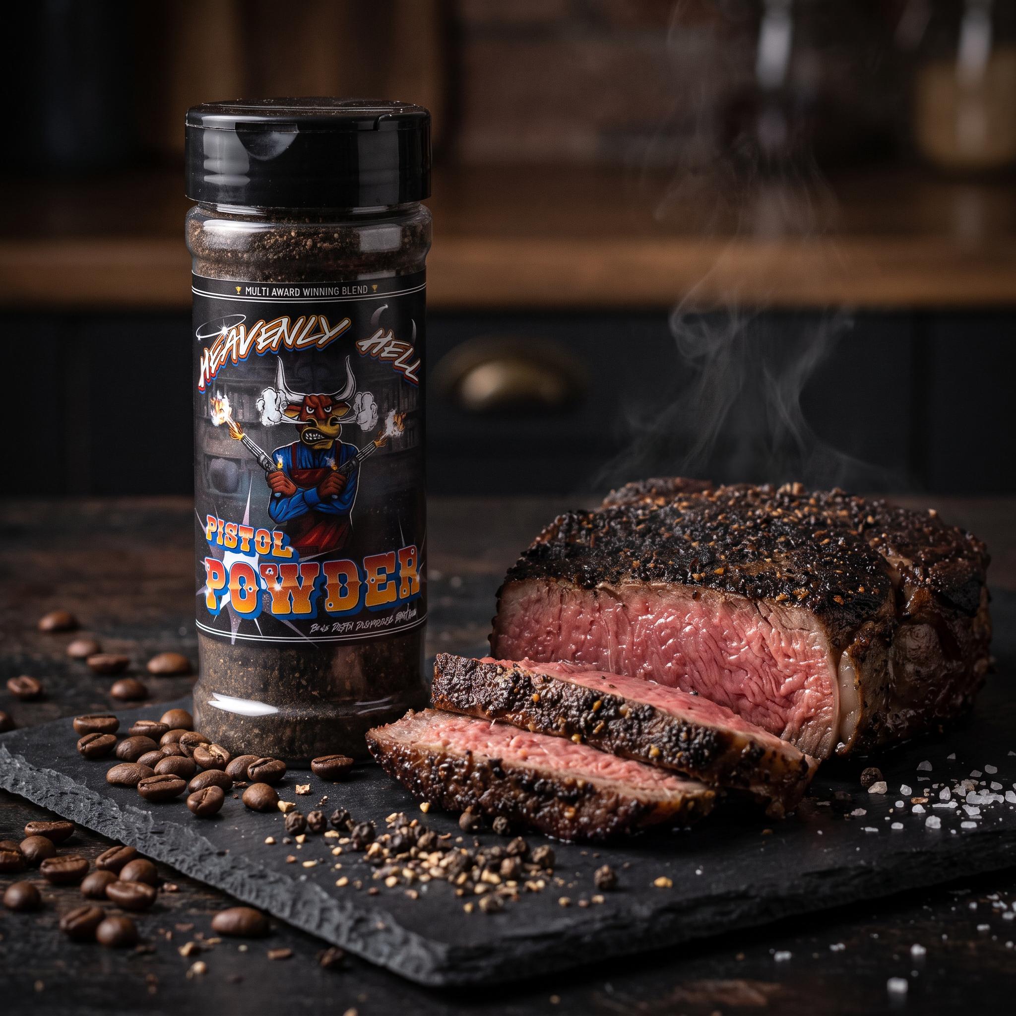 Heavenly Hell Pistol Powder espresso beef rub 150g — shaker beside a sliced steak with a dark espresso crust and coffee beans