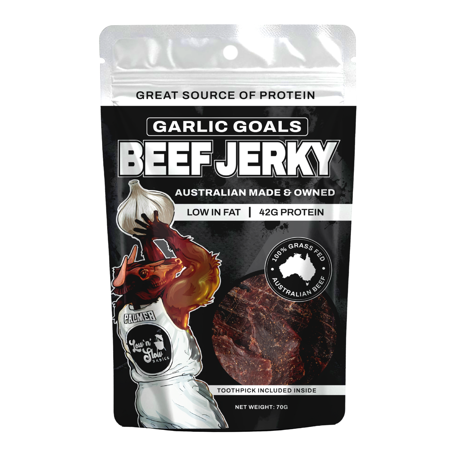 Low n Slow Basics Garlic Goals Beef Jerky 70g front of pack