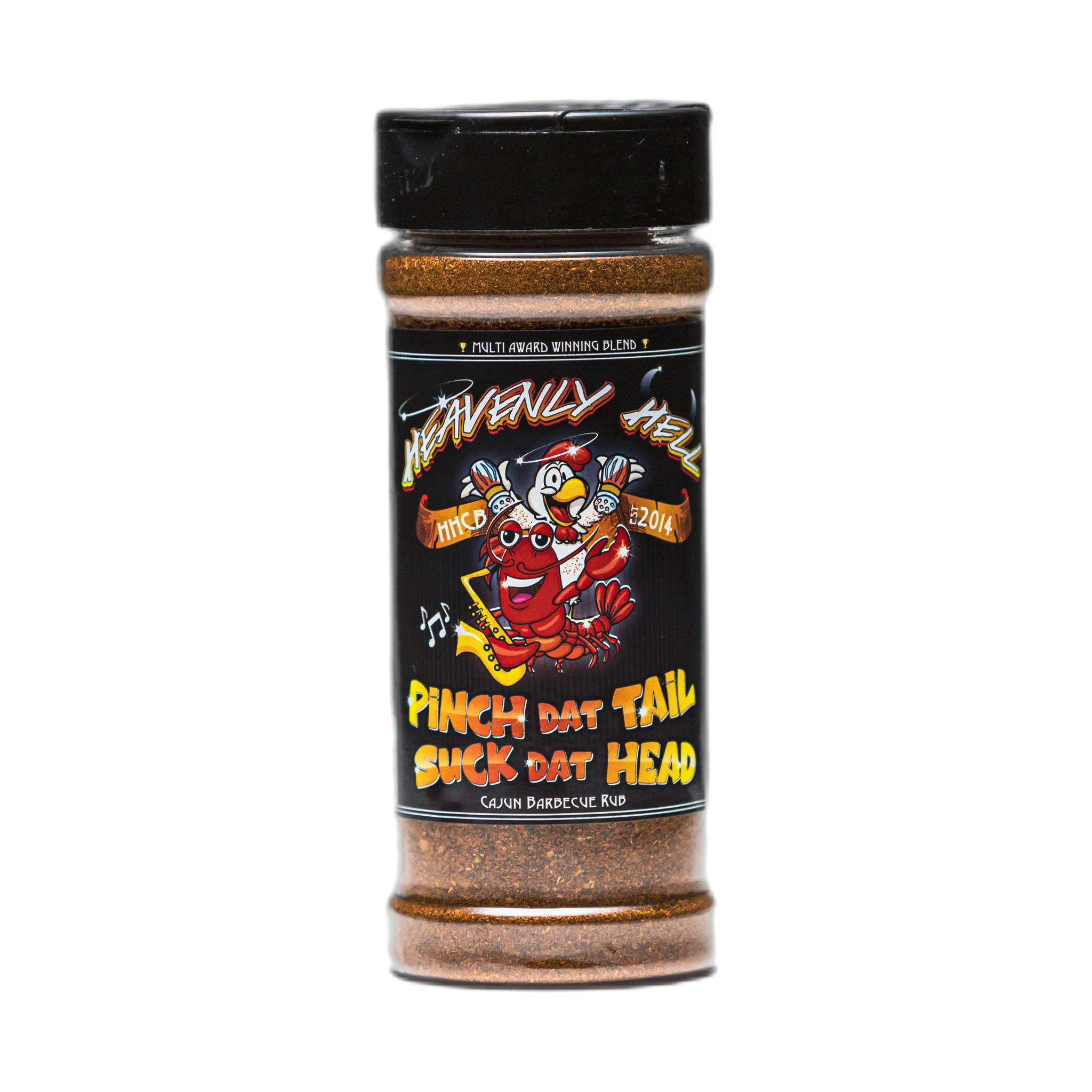 Heavenly Hell Pinch Dat Tail Suck Dat Head Cajun BBQ rub 150g — front of the shaker on transparent background