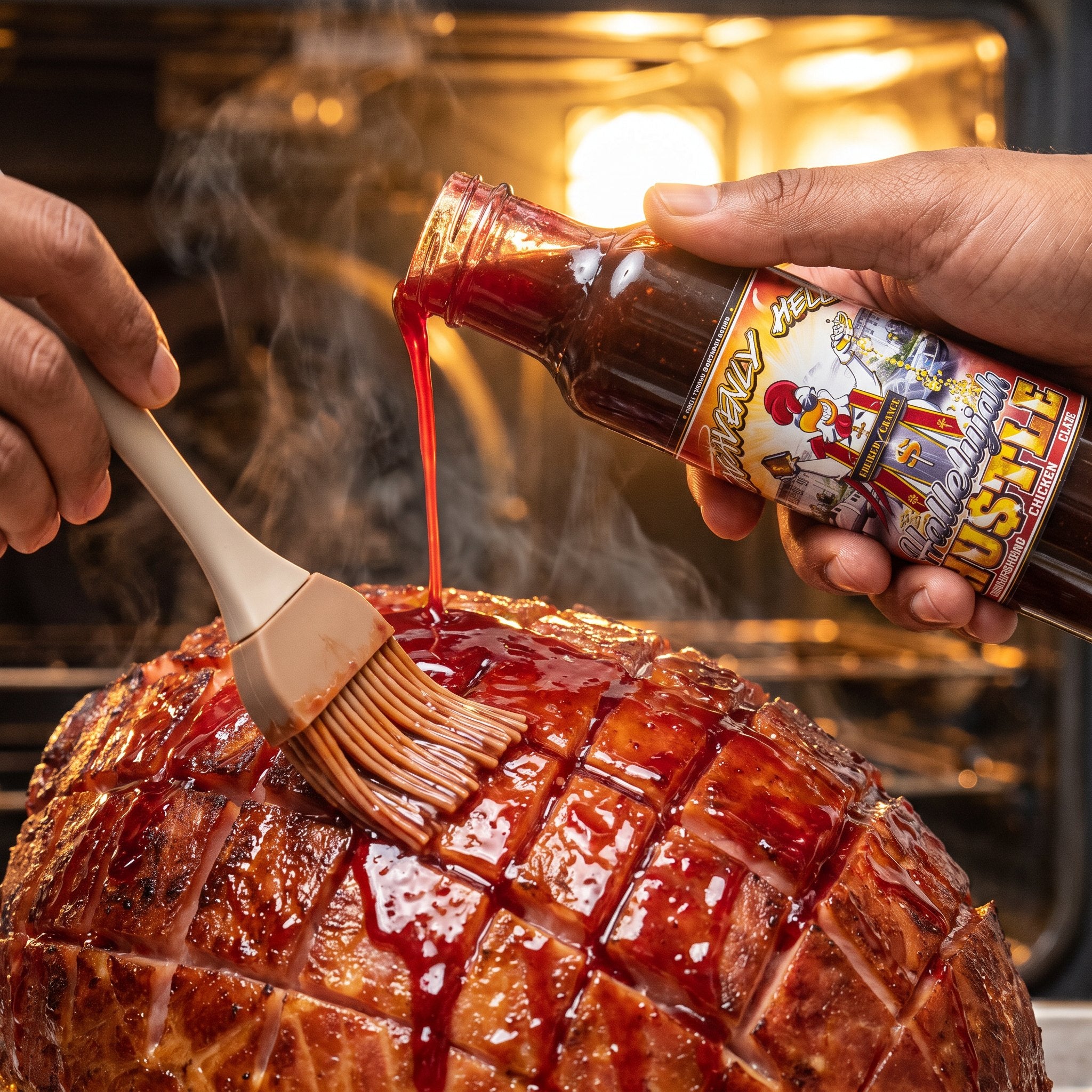 Hallelujah Hustle glaze brushed onto a baked ham