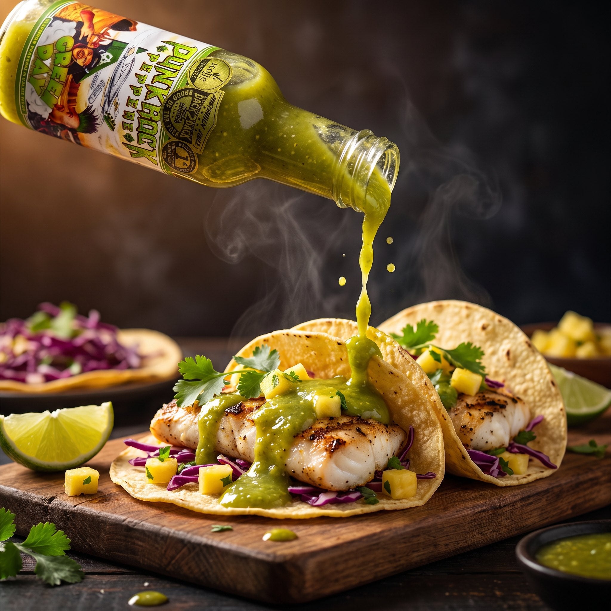 Green Day green hot sauce drizzled over fish tacos