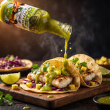 Green Day green hot sauce drizzled over fish tacos