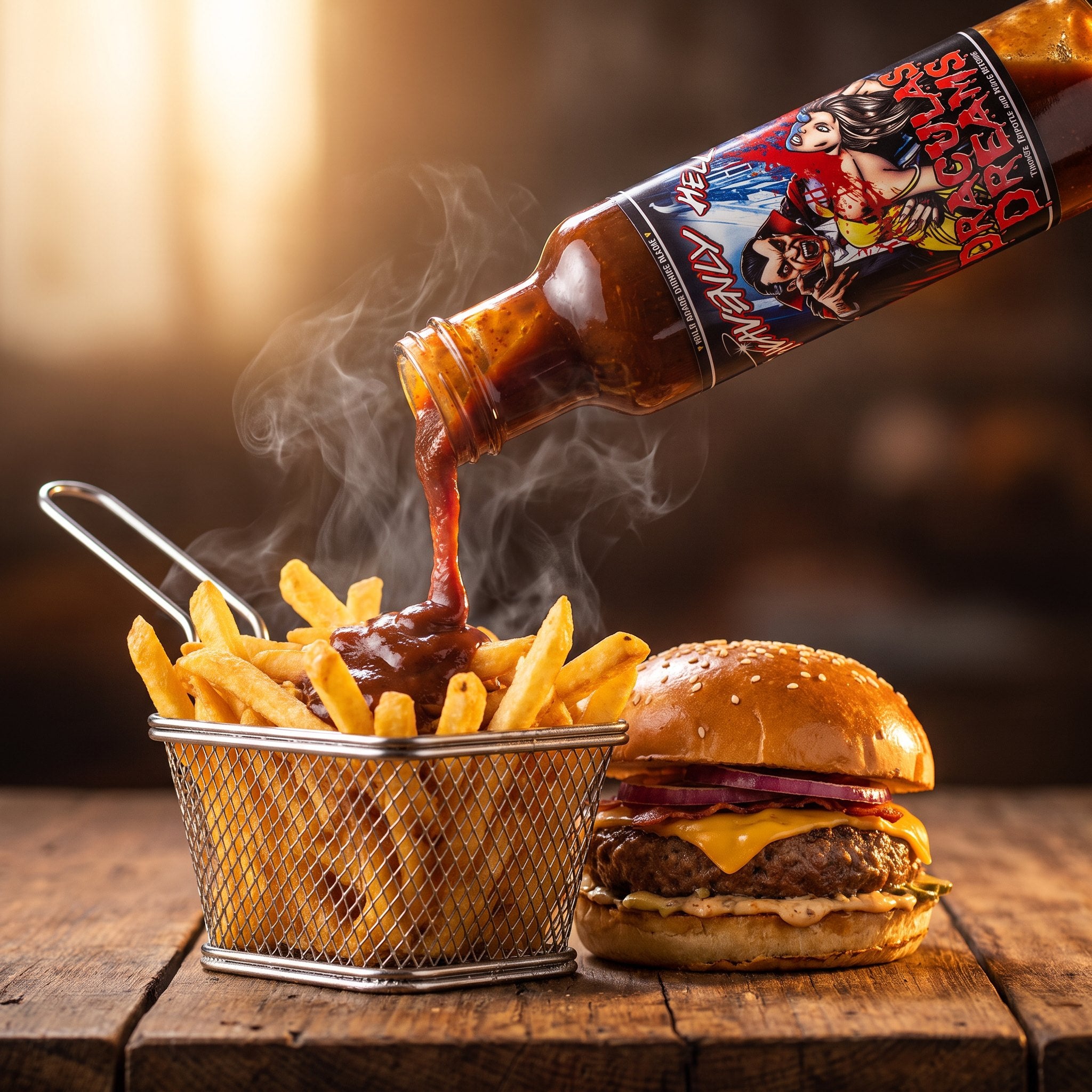 Draculas Dreams chipotle ketchup poured over a basket of hot chips