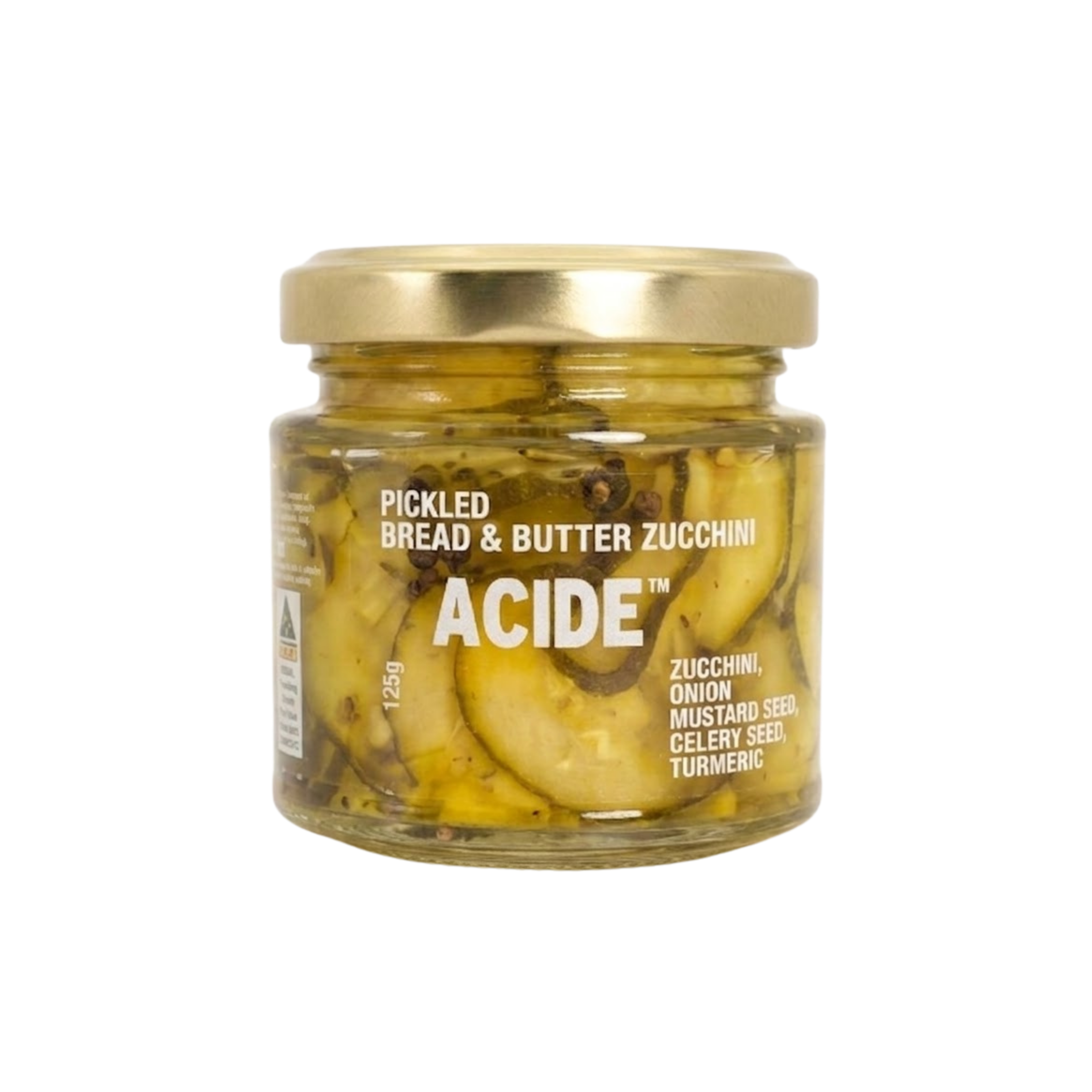 ACIDE Bread & Butter Zucchini Pickles 125g pickle, front of jar on transparent background