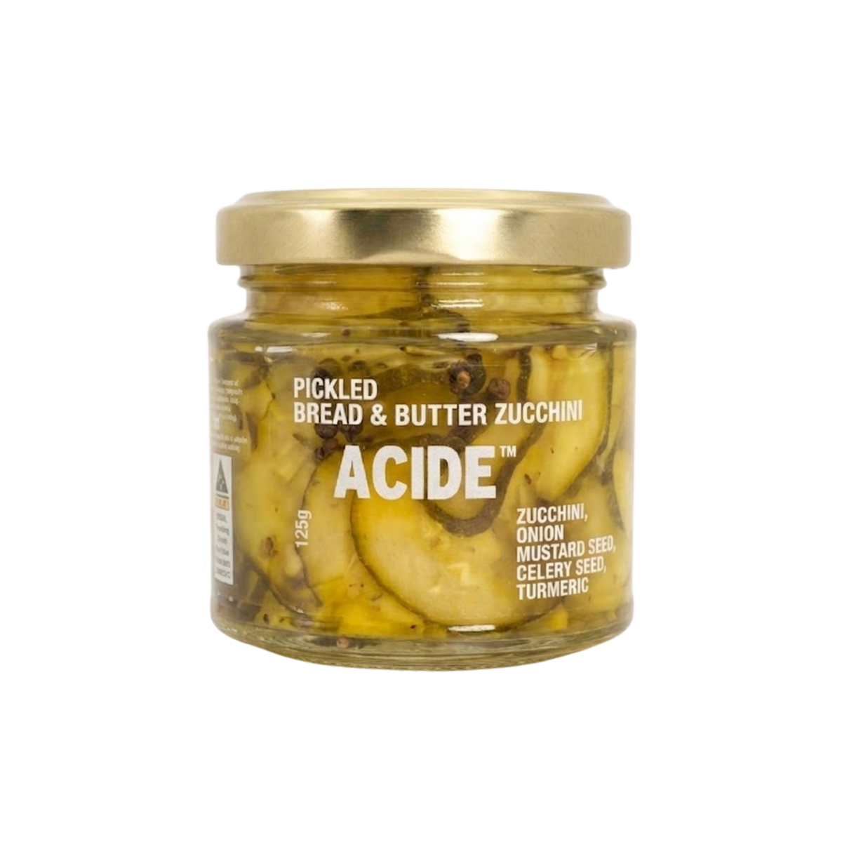 ACIDE Bread & Butter Zucchini Pickles 125g pickle, front of jar on transparent background