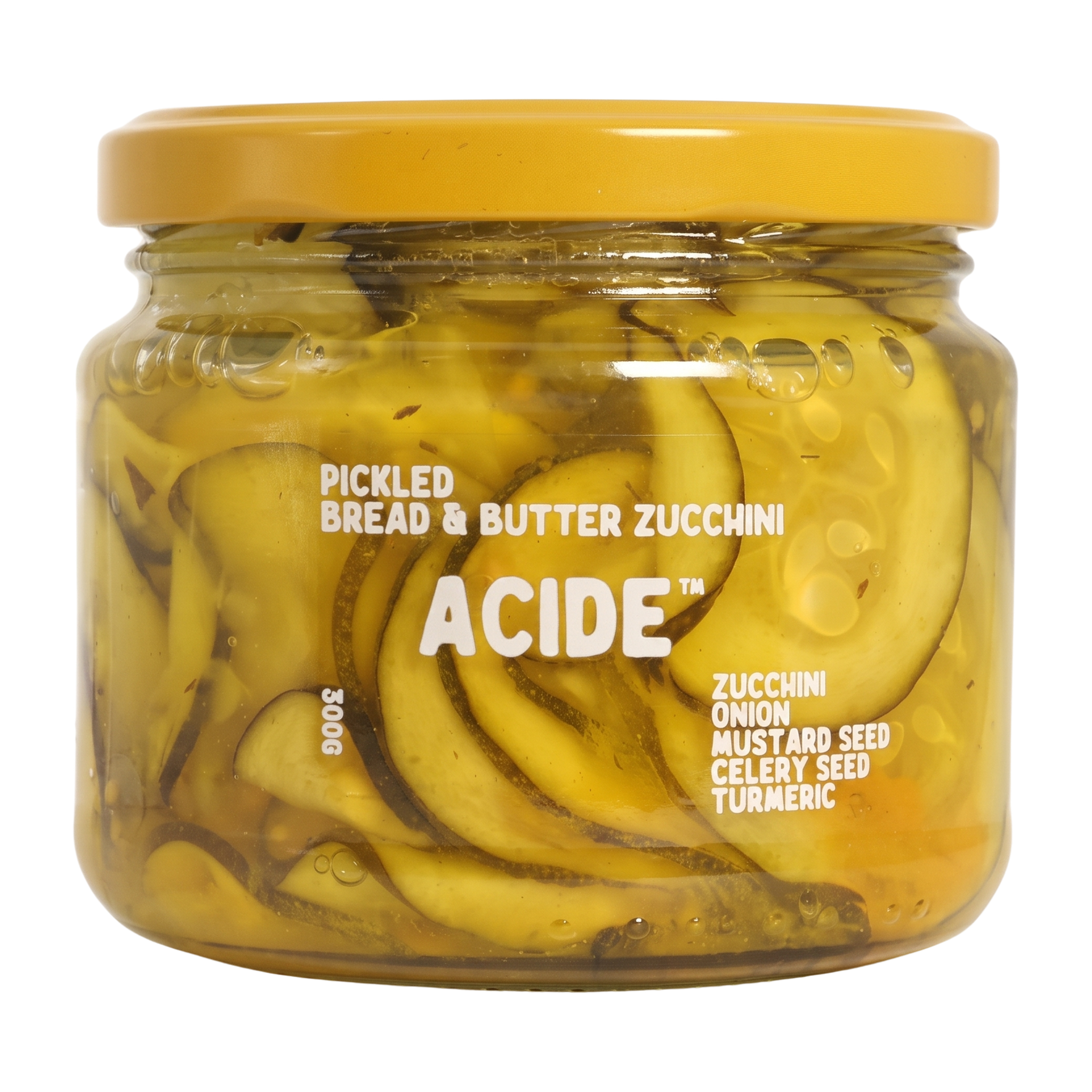 ACIDE Bread & Butter Zucchini Pickles 125g pickle, front of jar on transparent background