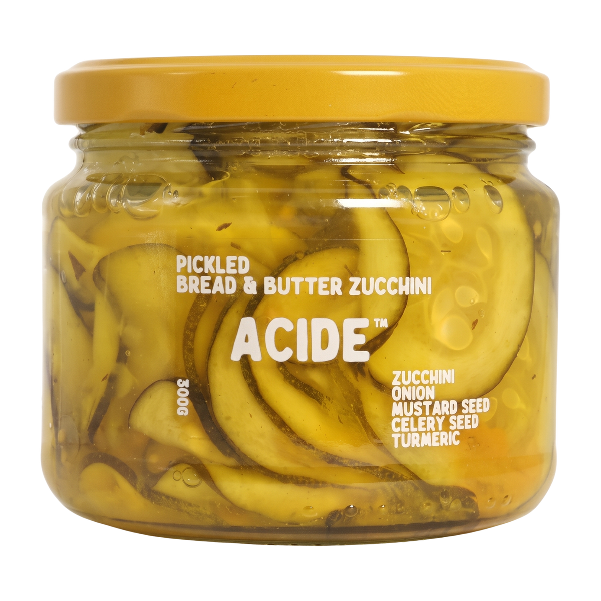 ACIDE Bread & Butter Zucchini Pickles 125g pickle, front of jar on transparent background