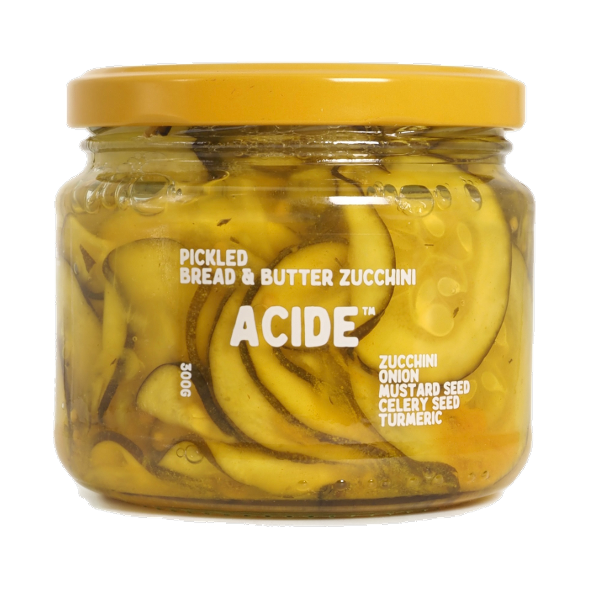 ACIDE Bread & Butter Zucchini Pickles 300g pickle, front of jar on transparent background