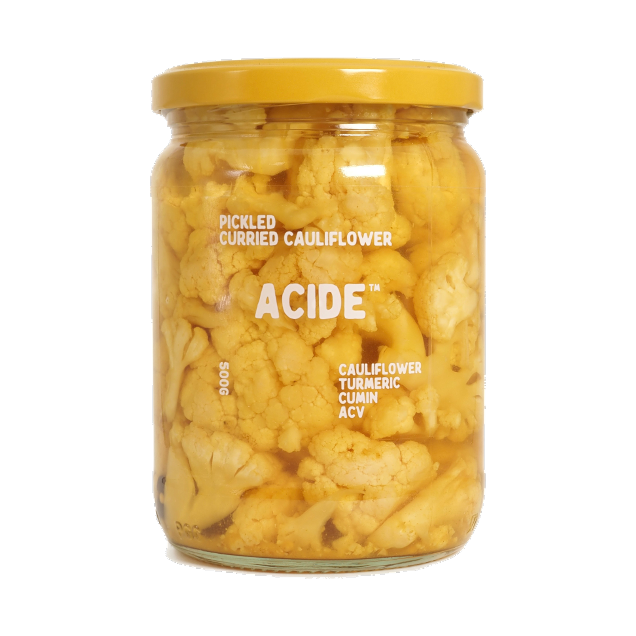 ACIDE Curried Cauliflower pickle, front of jar on transparent background