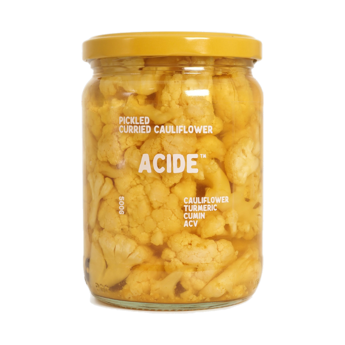 ACIDE Curried Cauliflower pickle, front of jar on transparent background