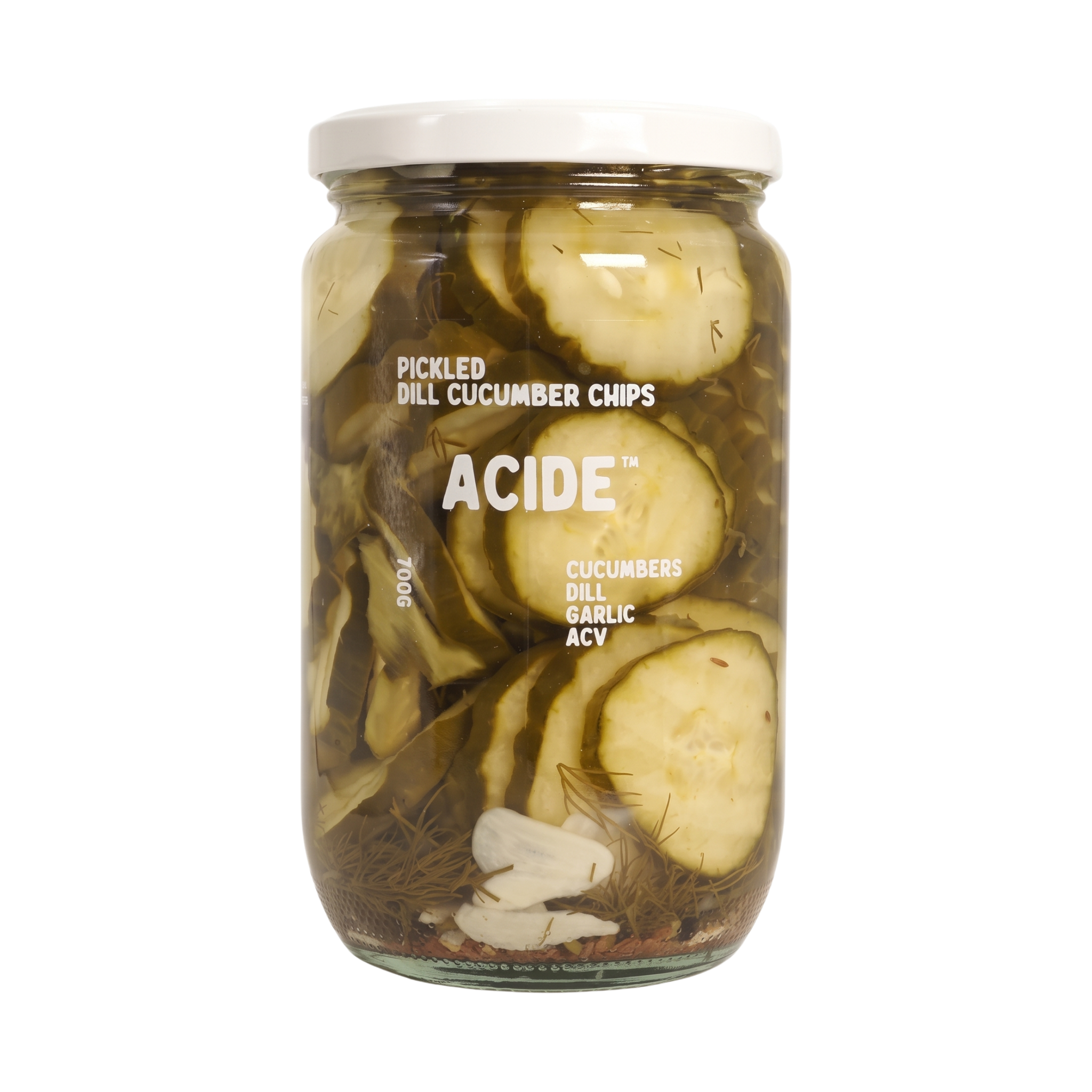 ACIDE Dill Cucumber Chips 700g pickle, front of jar on transparent background