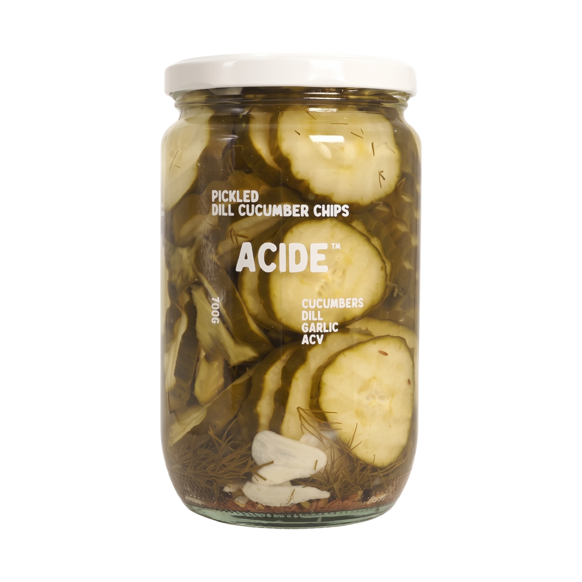 ACIDE Dill Cucumber Chips 700g pickle, front of jar on transparent background
