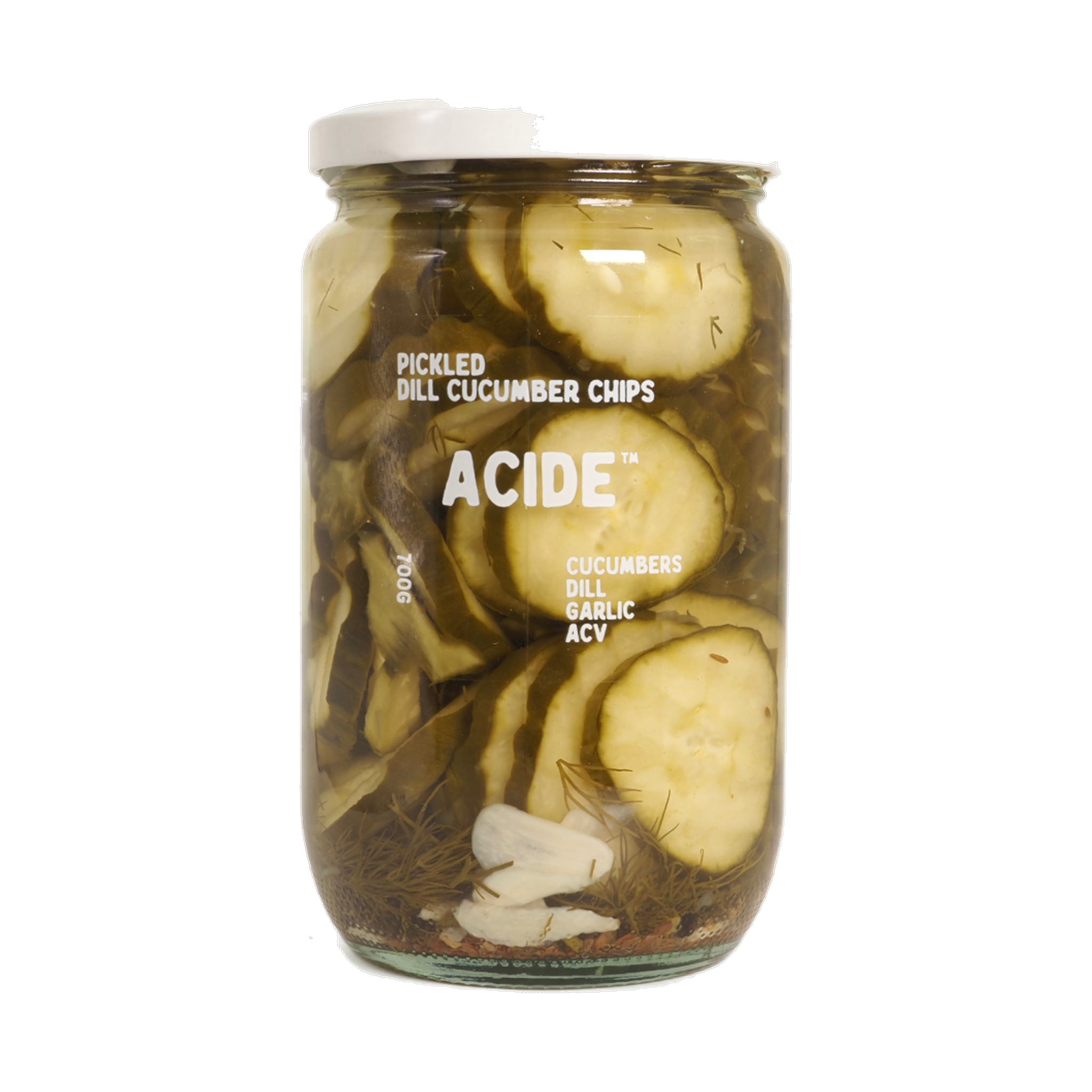 ACIDE Dill Cucumber Chips pickle, front of jar on transparent background