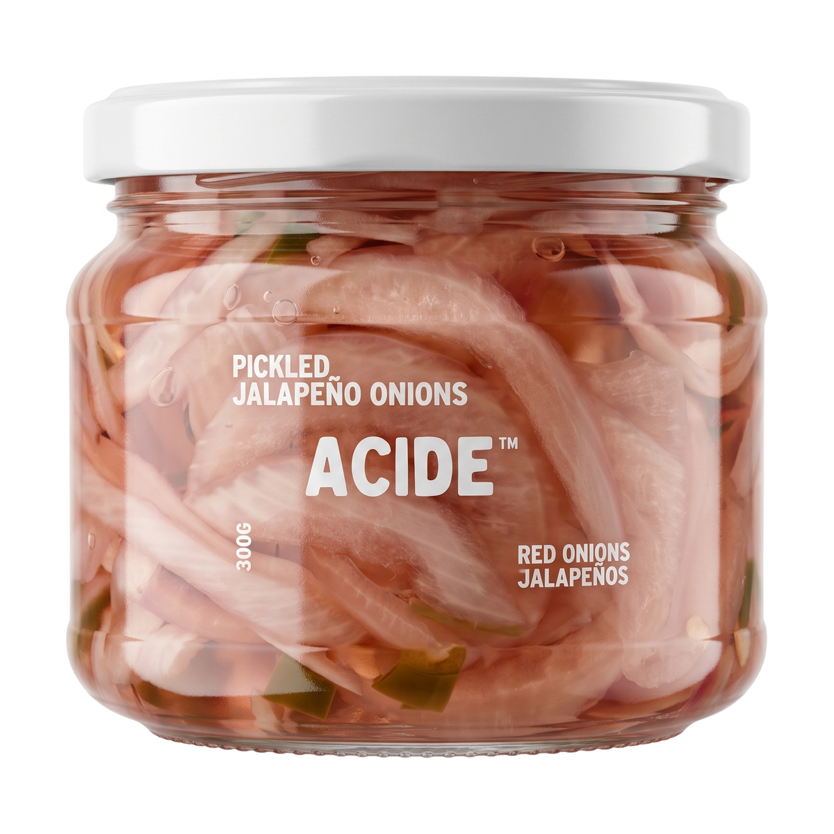 ACIDE Jalapeño Onions 300g pickle, front of jar on transparent background