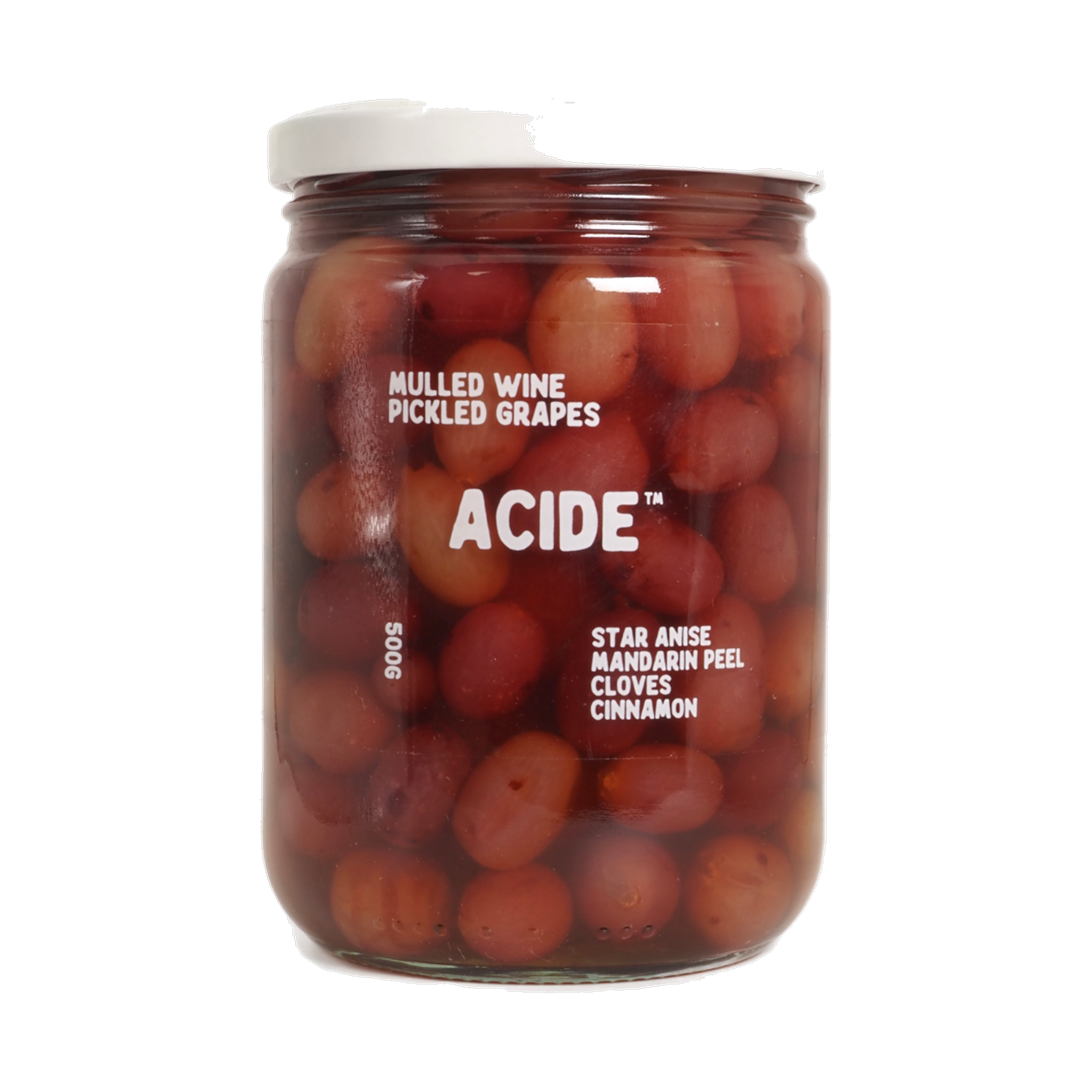 ACIDE Mulled Wine Pickled Grapes 500g, front of jar on transparent background