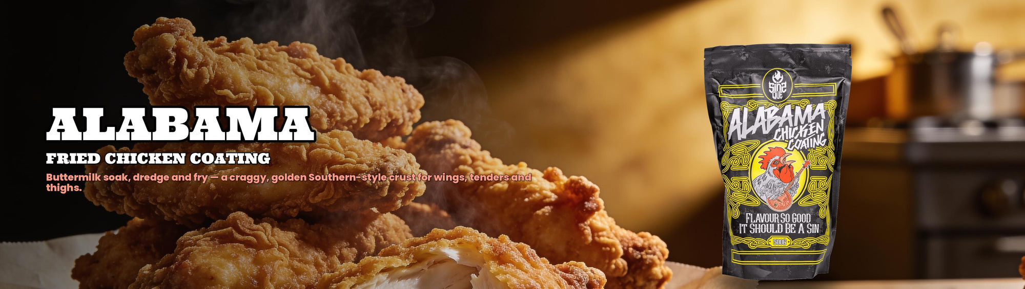 SinsQue Alabama Fried Chicken Coating 500g — golden crispy fried chicken tenders with product pouch