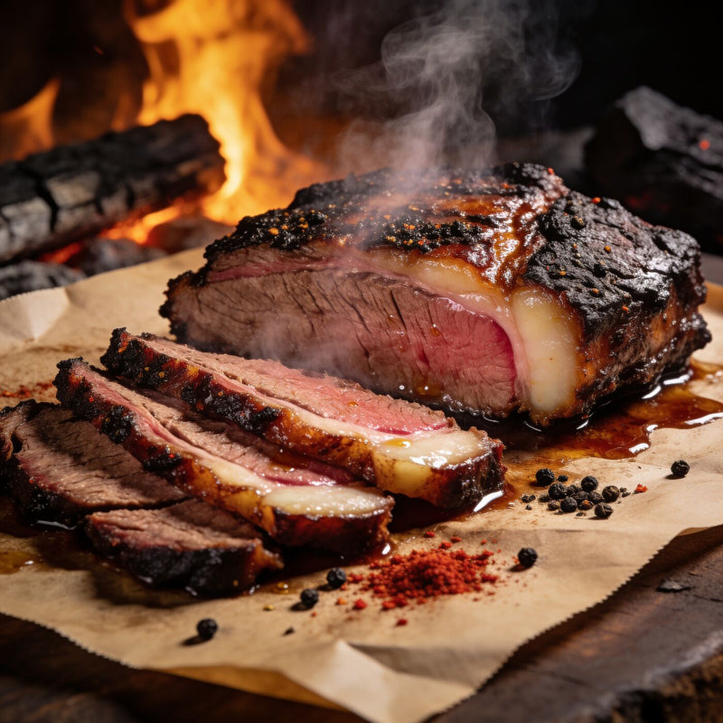Sliced smoked American beef brisket with deep peppery bark and visible smoke ring — American Import category lifestyle photo lifestyle photo