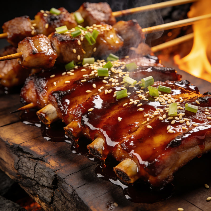 Asian category lifestyle photo - lacquered glazed pork skewers and ribs lifestyle photo