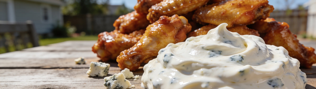 Atomic Chicken Blue Cheese Sauce, a creamy off-white blue cheese dip with visible mould flecks beside glazed buffalo wings