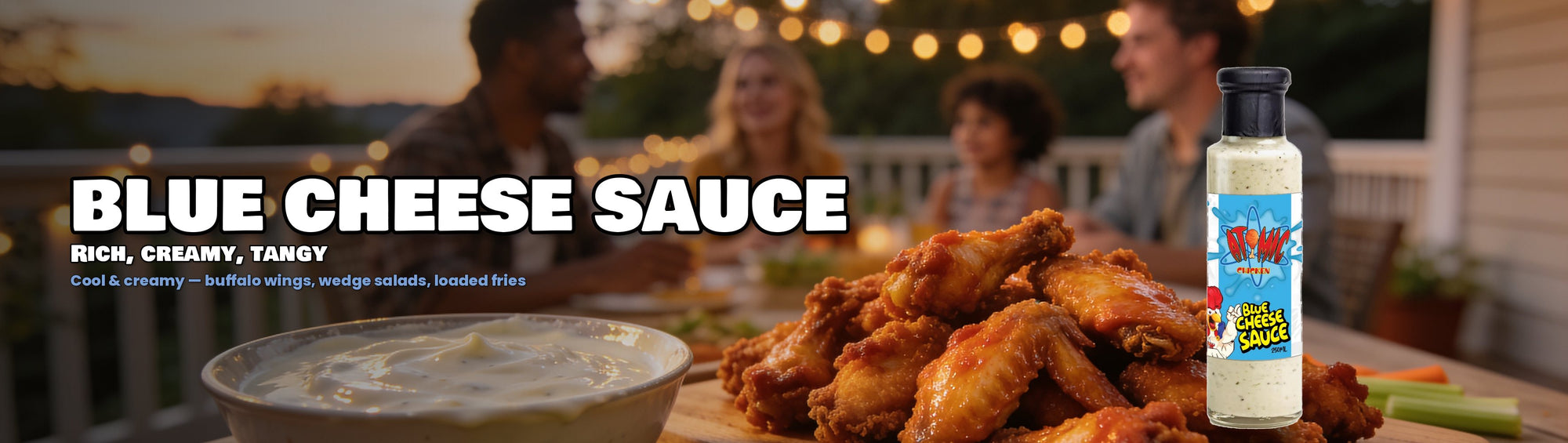 Atomic Chicken Blue Cheese Sauce with buffalo wings on an alfresco deck at dusk