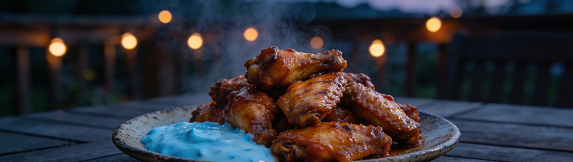 Atomic Chicken Blue Cheese Sauce with glazed buffalo wings and a blue cheese dip on an outdoor deck table at dusk