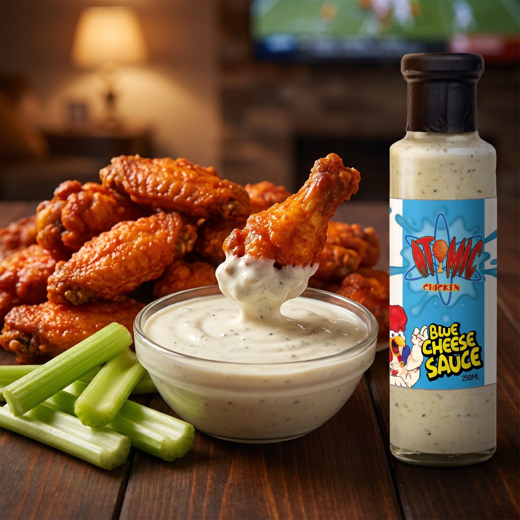 Atomic Chicken Blue Cheese Sauce — hot buffalo wings with a bowl of creamy blue cheese dip and celery