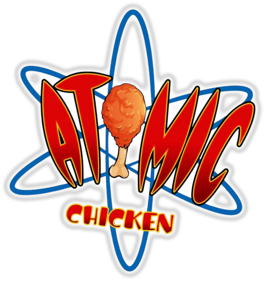 Atomic Chicken barbecue brand logo, red wordmark with a fried drumstick atom and blue orbit rings, on transparent background
