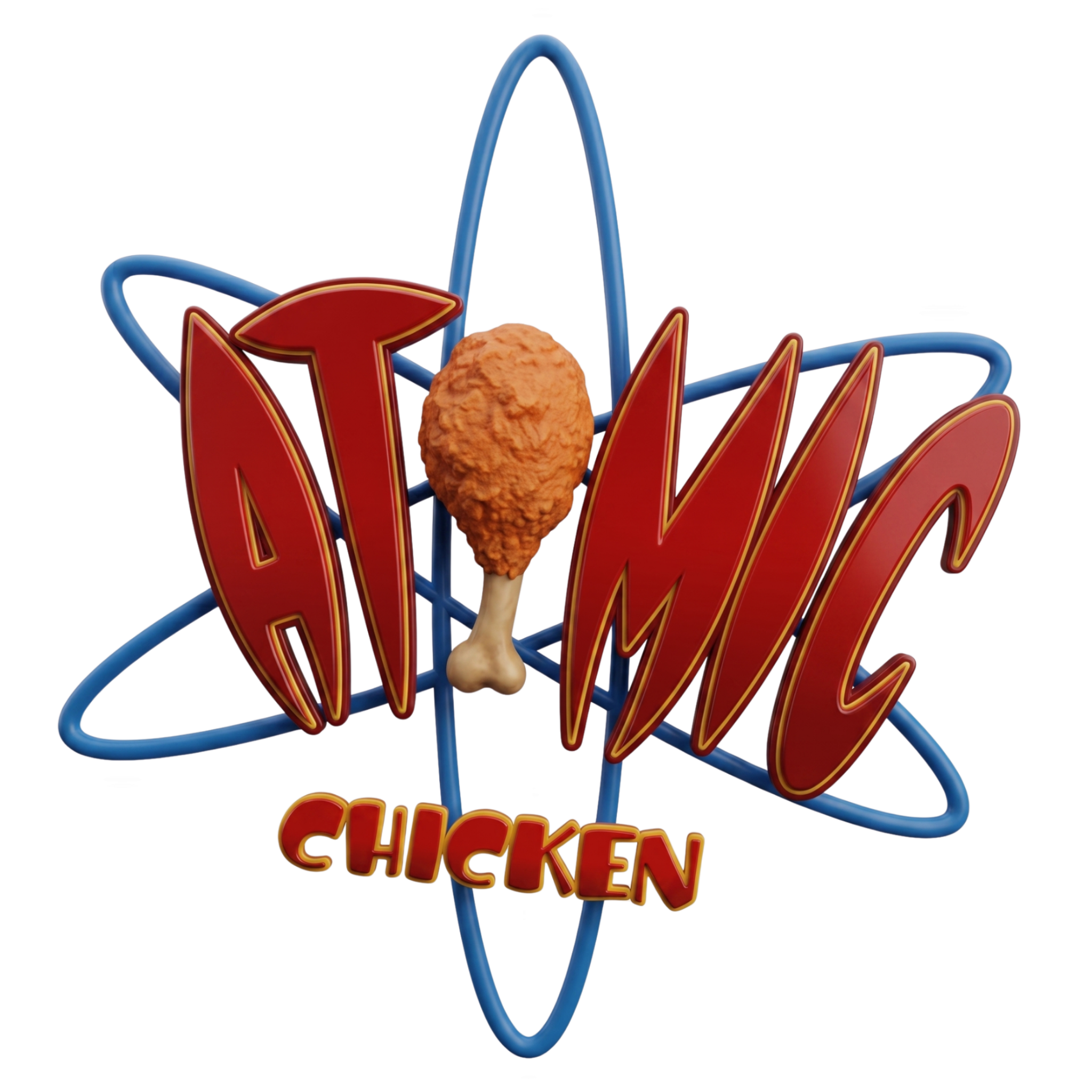 Atomic Chicken barbecue brand logo, red wordmark with a fried drumstick atom and blue orbit rings, on transparent background