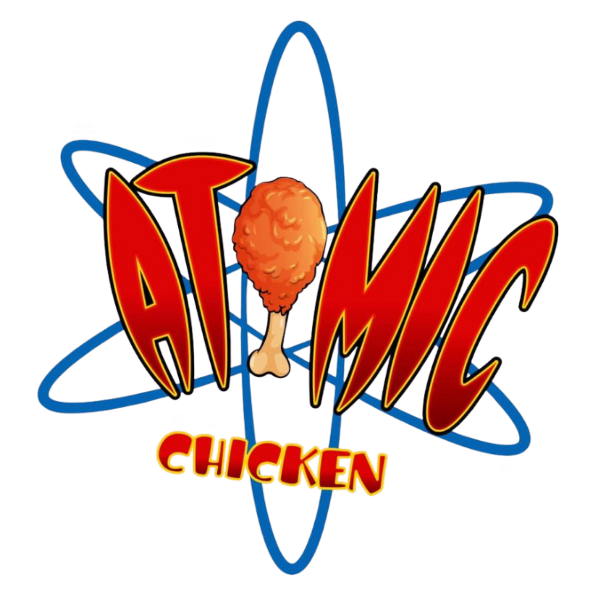 Atomic Chicken barbecue brand logo, fried drumstick atom emblem, red on transparent background